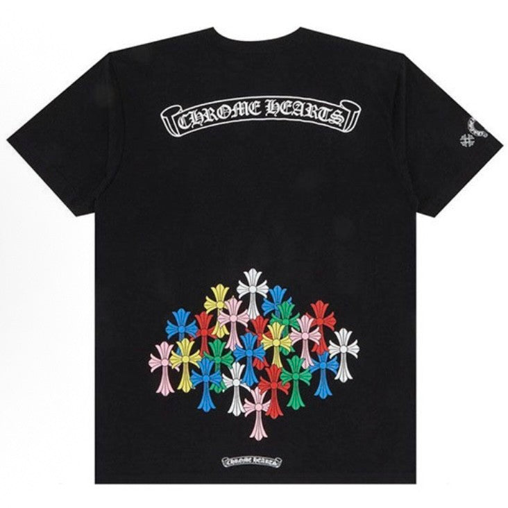 Chrome Hearts Men's Women's Summer Tide Sanskrit Letters Colourful Cross Logo Short-Sleeved T-Shirt Round Neck Short-Sleeved Casual T-Shirt #81147