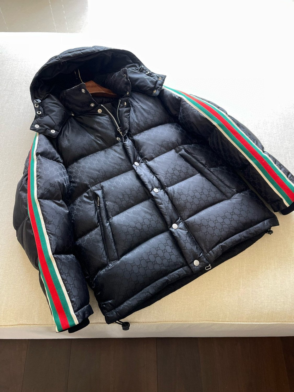 Gucci Men's Fall/Winter Black Trimmed Webbing GG Nylon Jacquard Hooded Zipper Long Sleeve Puffer Down Jacket #73728