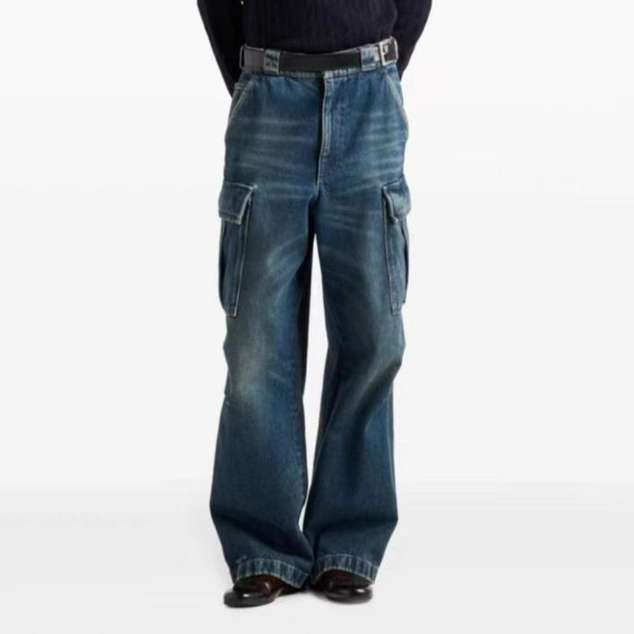 Prada Men's Four Seasons Logo Old Multi-Pocket Mid-Rise Loose Work Pants Cotton Denim Trousers Pants #81198