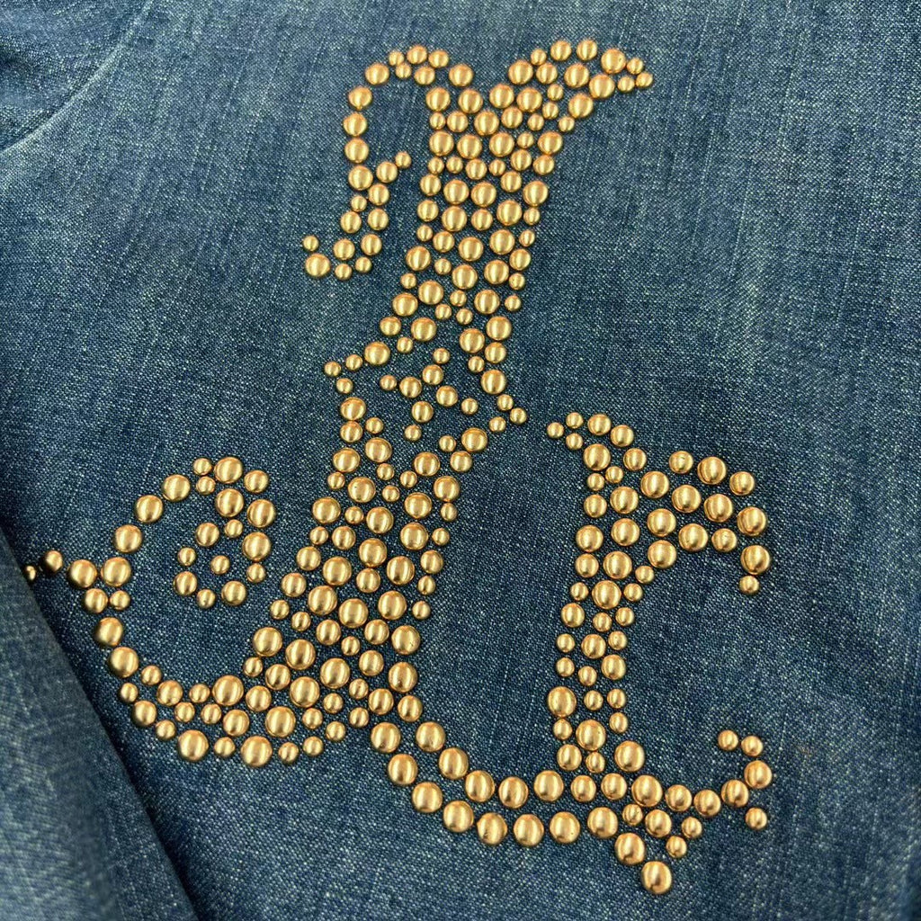 Louis Vuitton Men's Spring And Fall Cotton Logo Rivets Embellished Single-Breasted Slim Long-Sleeved Blue Denim Shirt #71621