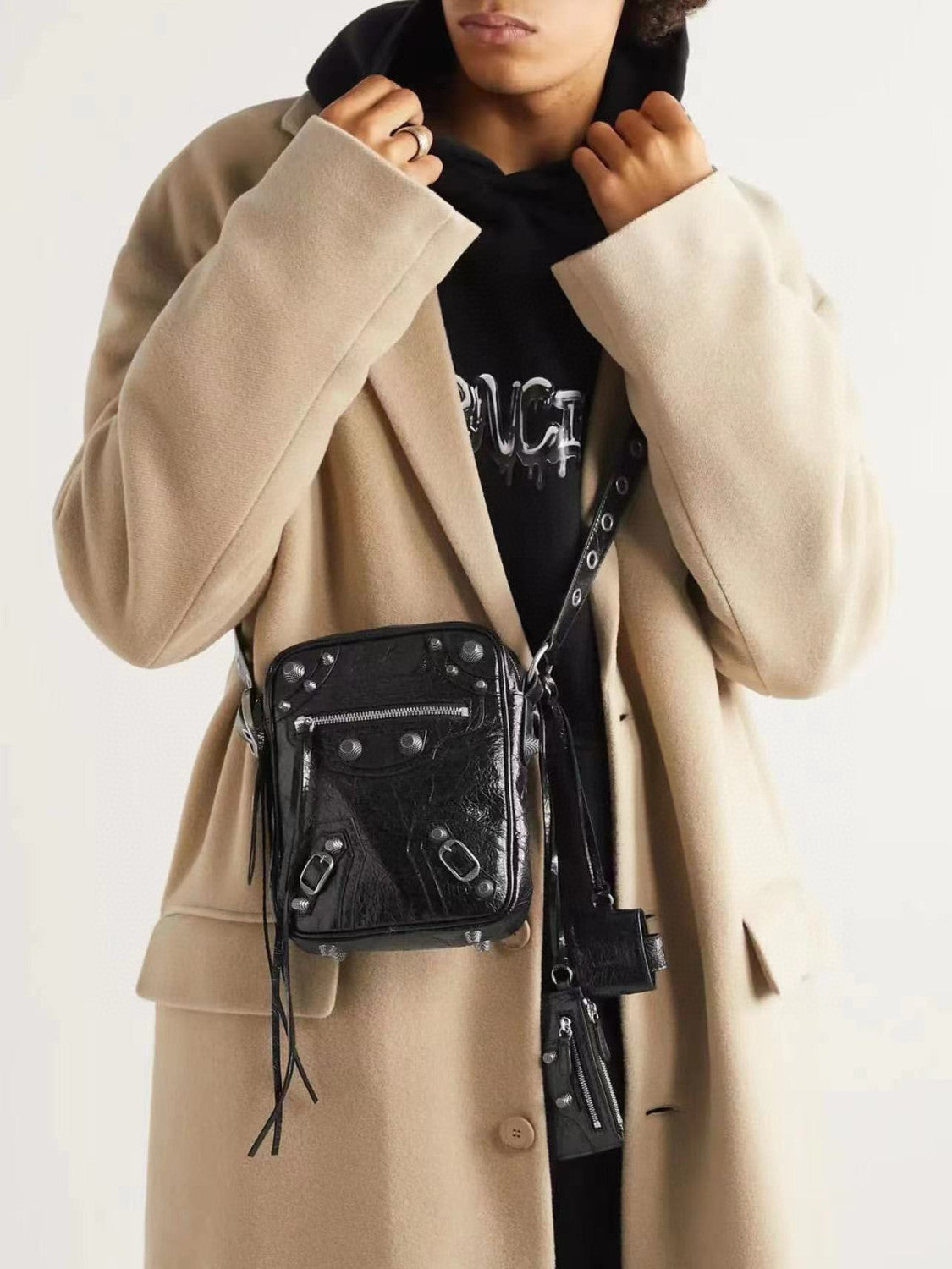 Balenciaga LE CAGOLE Men's and Women's Unisex Fashion Casual Solid-Color Leather Adjustable Strap Vertical Motorcycle Bag Shoulder Bag Crossbody Bag  Bags #78491
