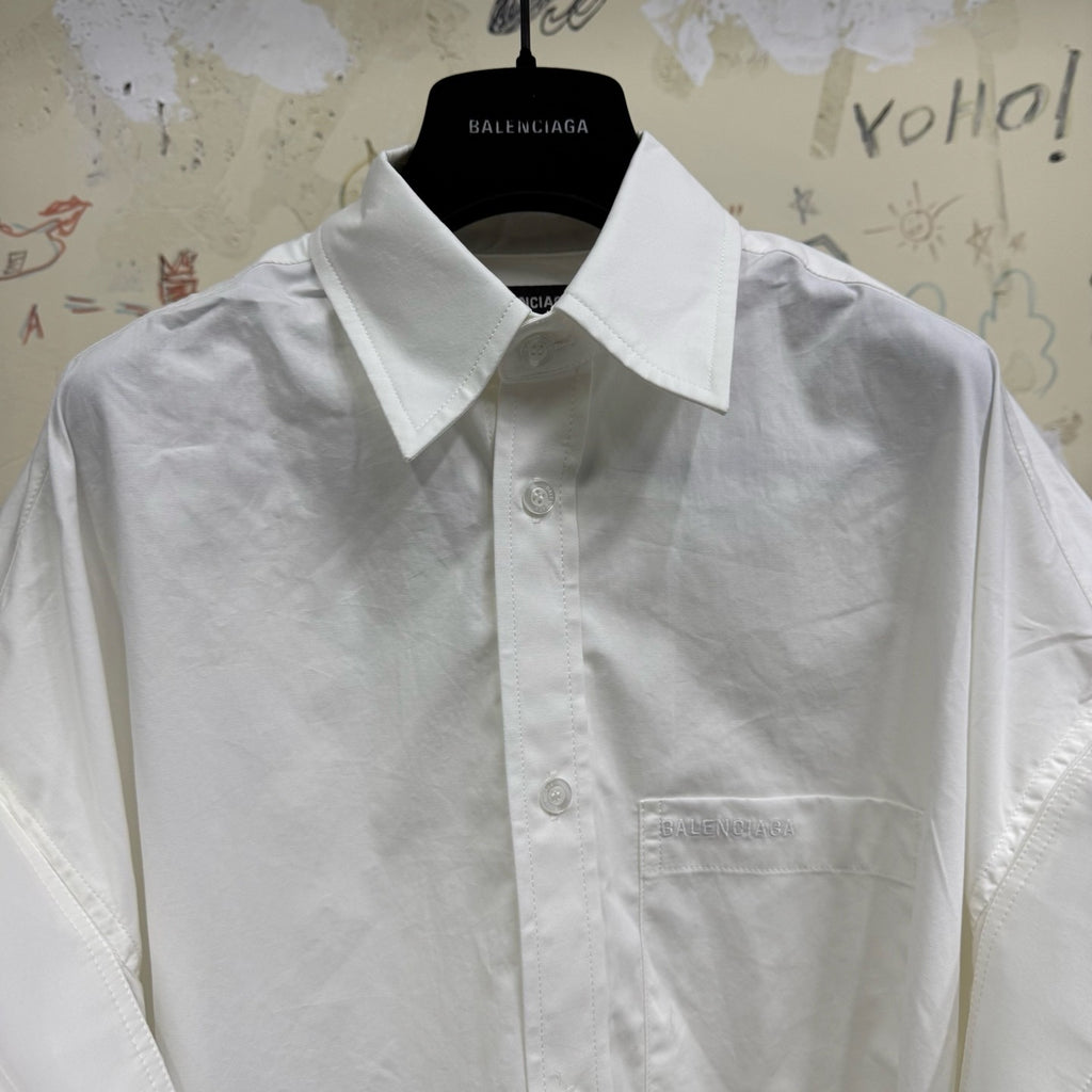 Balenciaga Men's Women's Spring Summer Autumn Lapel Fit White Cotton Poplin Round Hem Folded Sleeve Shirt Ngvp #1399