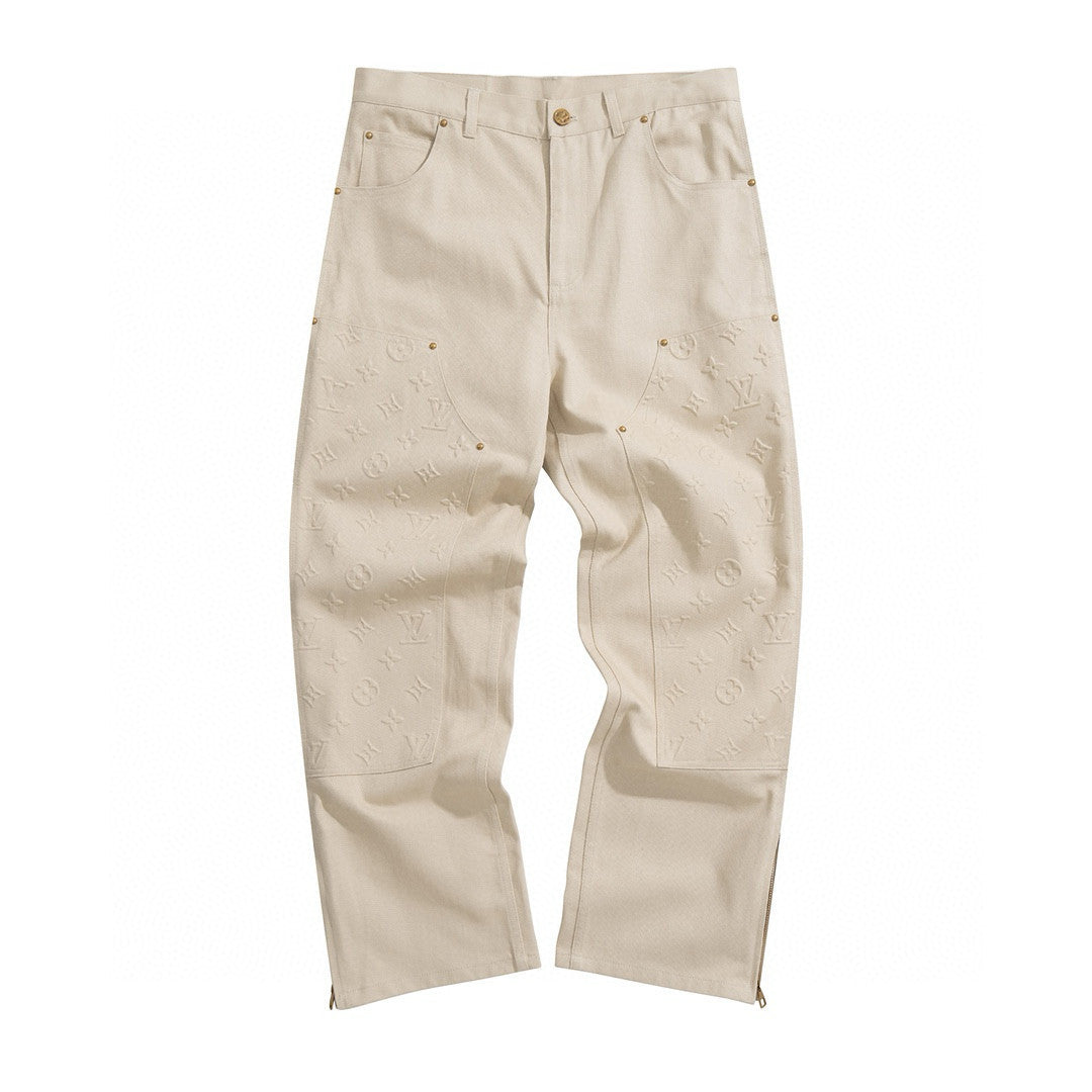 Louis Vuitton Men's Spring/Summer Monogrammed Khaki Mid-Rise Zipper Slim Straight Jeans Pants #98427