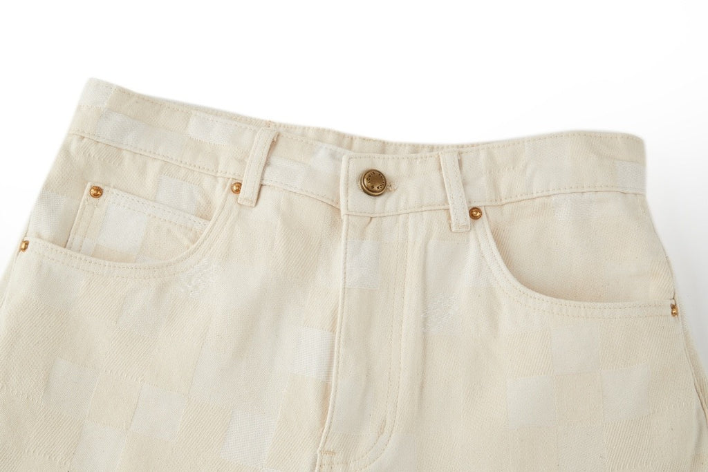 Louis Vuitton Men's Spring Summer Beige Plaid Jacquard Mid-Rise Straight Leg Jeans Pants #99881