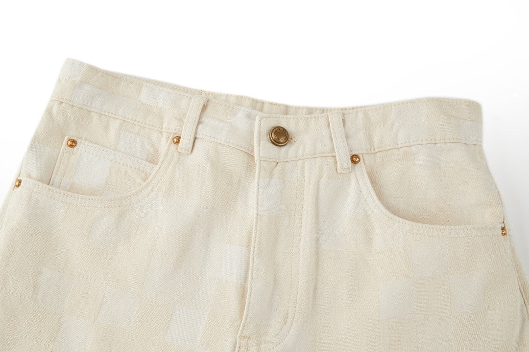 Louis Vuitton Men's Spring Summer Beige Plaid Jacquard Mid-Rise Straight Leg Jeans Pants #99881