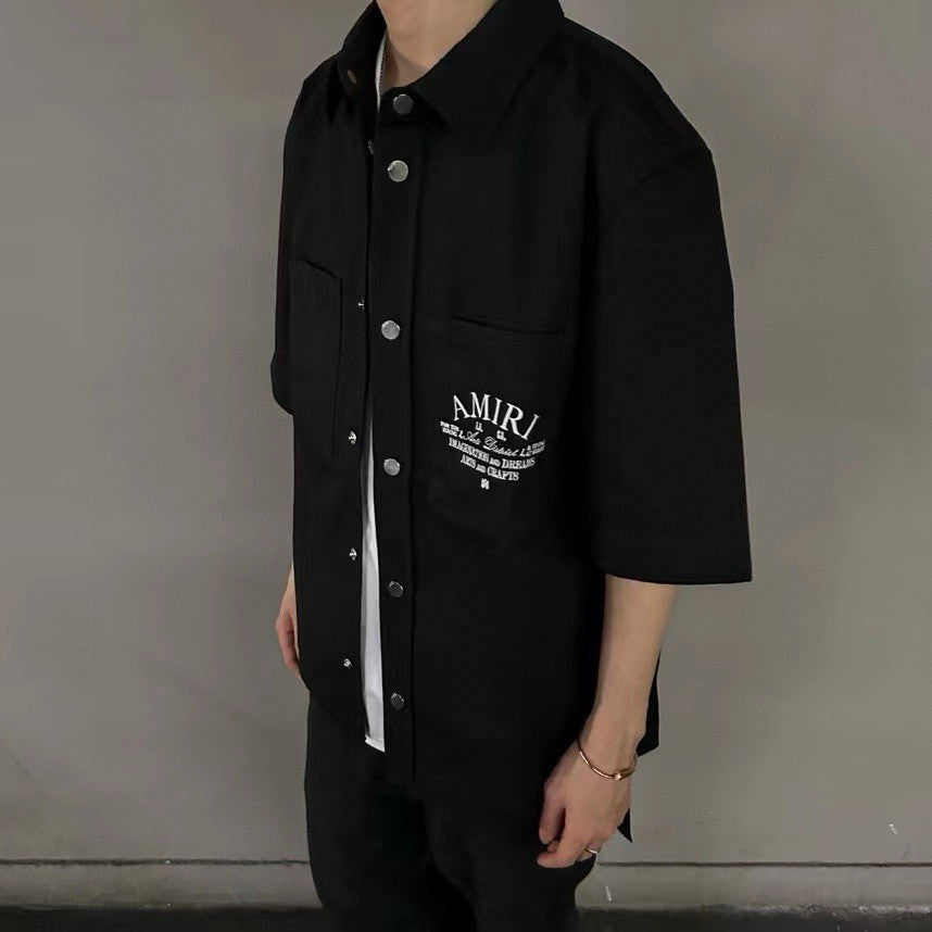 Amiri Men's Arts District Camp Solid Color Logo Embroidered Lapel Single Breasted Short Sleeve Shirt #76214