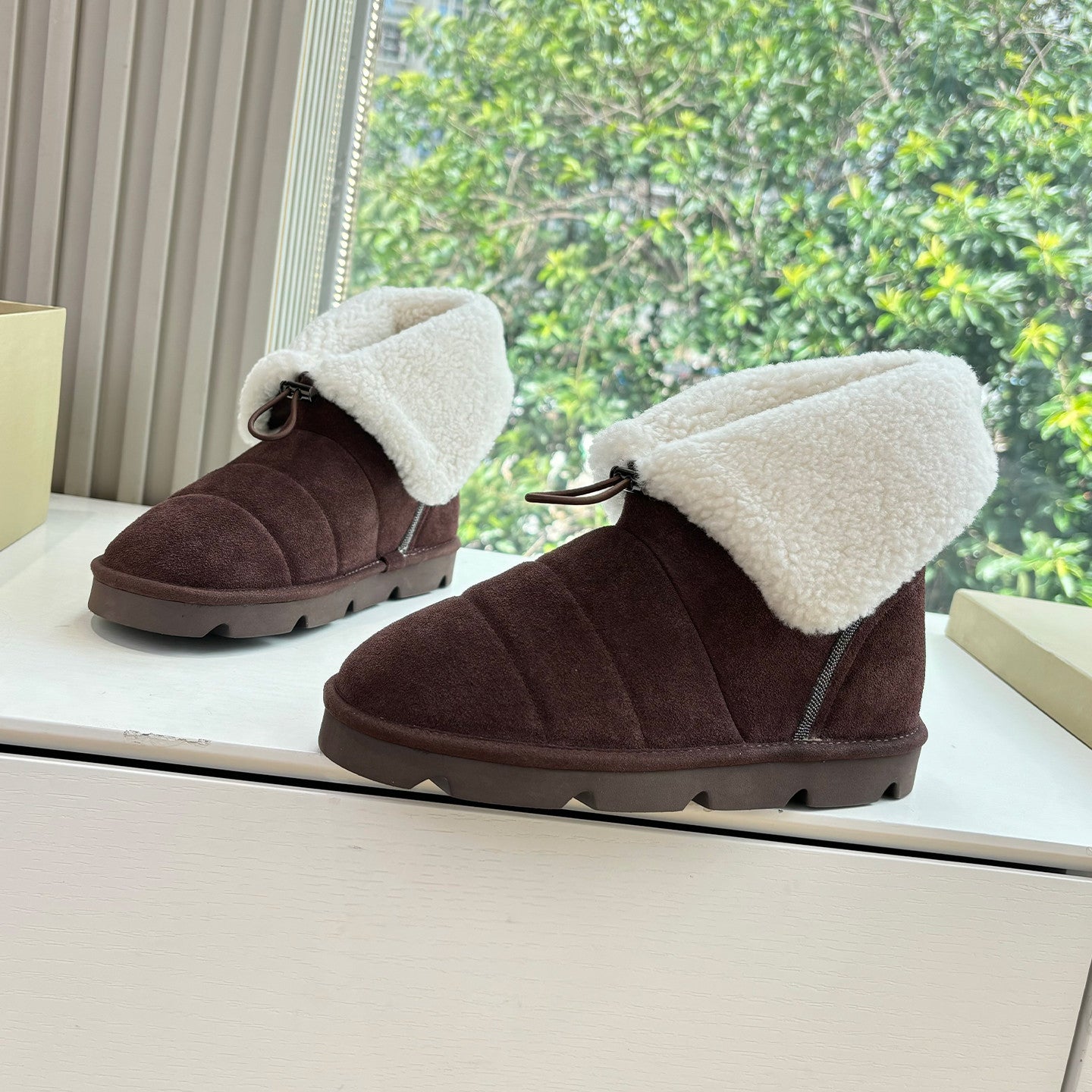 Brunello Cucinelli Women's Fall/Winter Matte Leather Solid-Color Chunky-Heel Snow Boots Short Boots Casual Cotton Slippers Shoes #81586