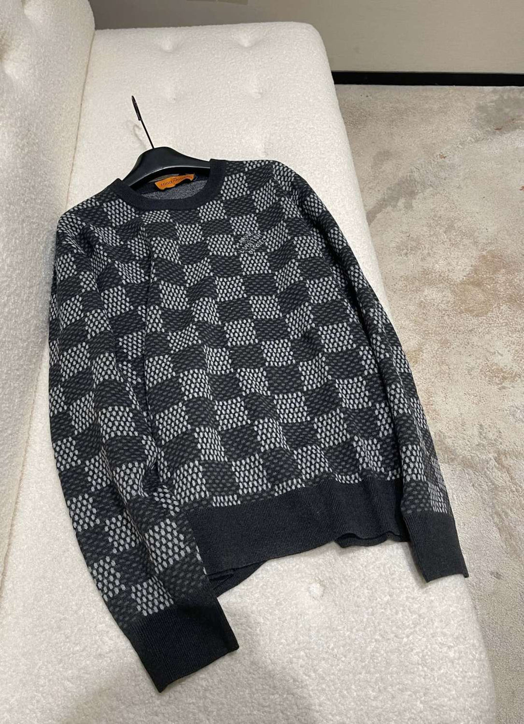 Louis Vuitton Men's Spring and Autumn Black Checkerboard Print Logo Pattern Round Neck Long Sleeve Sweater #73789