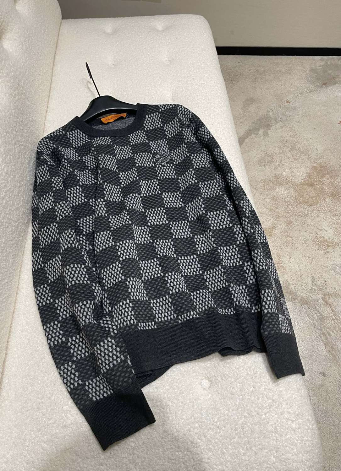 Louis Vuitton Men's Spring and Autumn Black Checkerboard Print Logo Pattern Round Neck Long Sleeve Sweater #73789