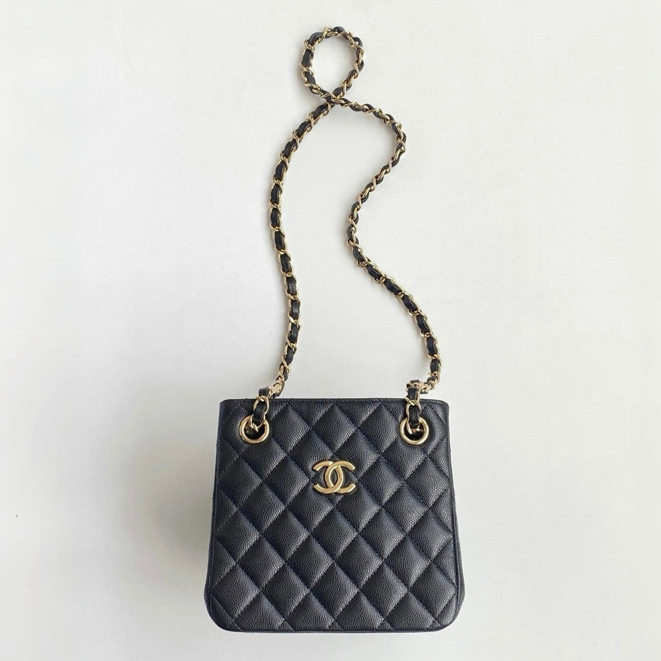 Chanel Mini Tote Diamond Double C Lychee Grain Cowhide Black Gold Double Chain Bucket Mini Tote Crossbody Bag Bags As3176 #76835