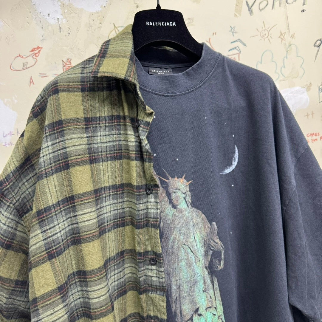 Balenciaga Men's Spring And Autumn Checkered Lapel Aged Cotton PARIS LIBERTY Loose Long Sleeve Solid Layered Shirt #73368
