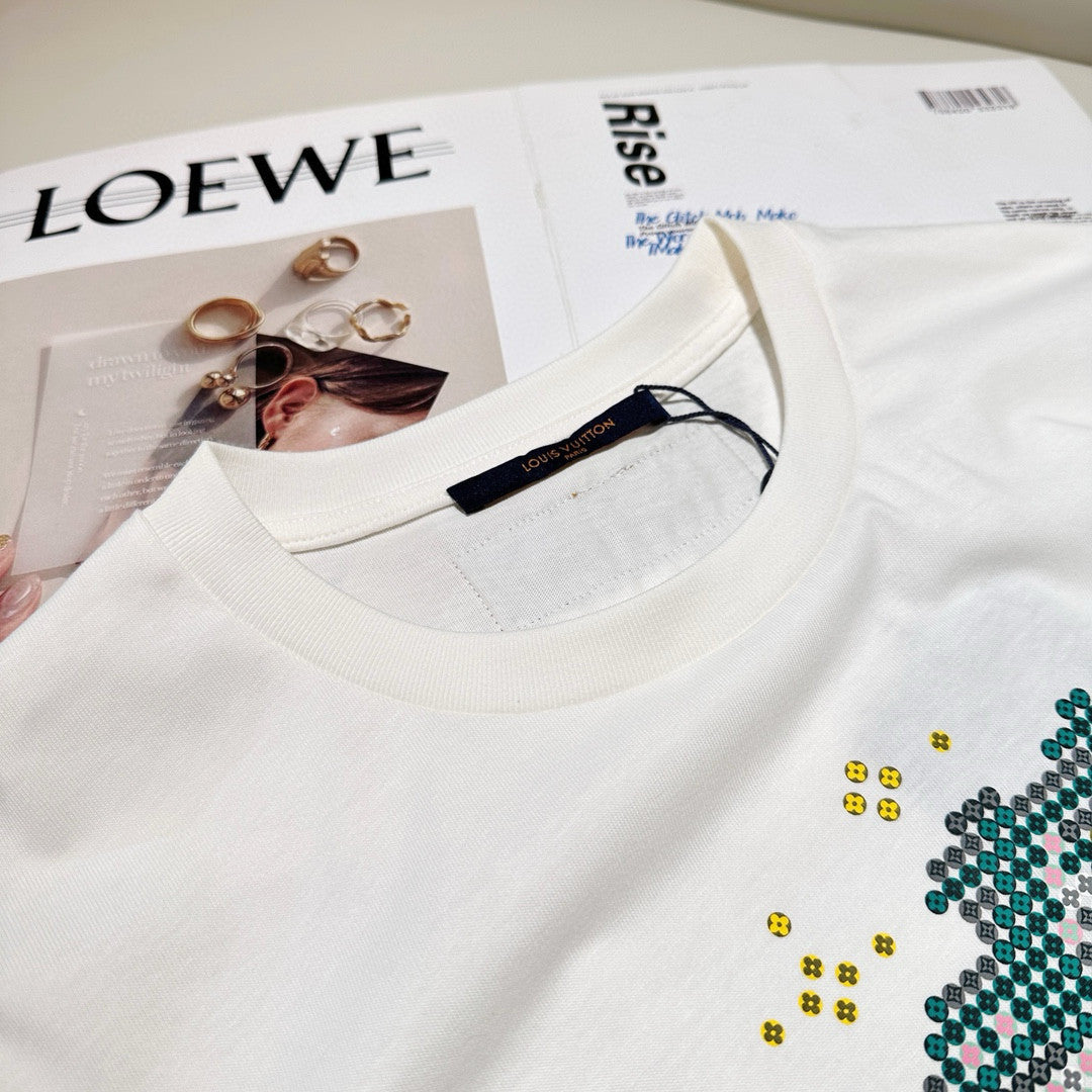 Louis Vuitton Men's Summer Year of the Dragon Printed Round Neck Cotton White Short Sleeve T-Shirt #97991