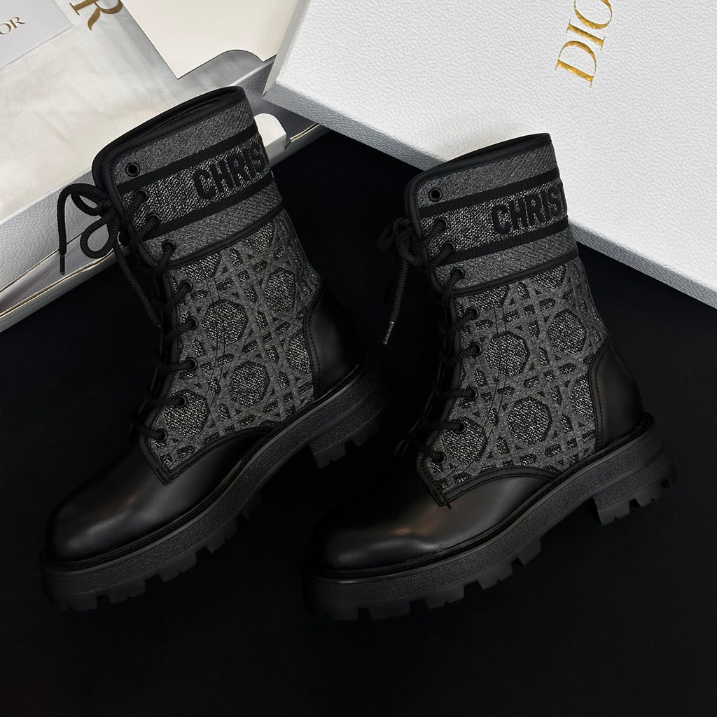 Dior Women's Autumn/Winter Fashion Casual Round Toe Lace Up Leather Light Sole Embroidered Lace Up Martin Boots Shoes #78289