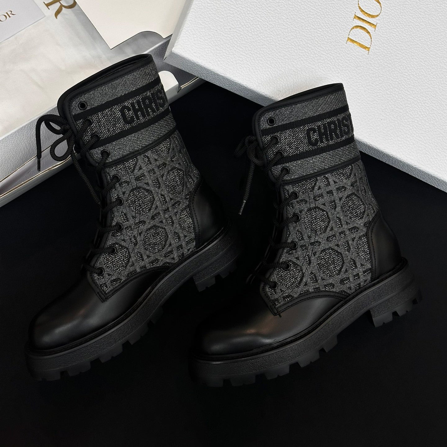Dior Women's Autumn/Winter Fashion Casual Round Toe Lace Up Leather Light Sole Embroidered Lace Up Martin Boots Shoes #78289