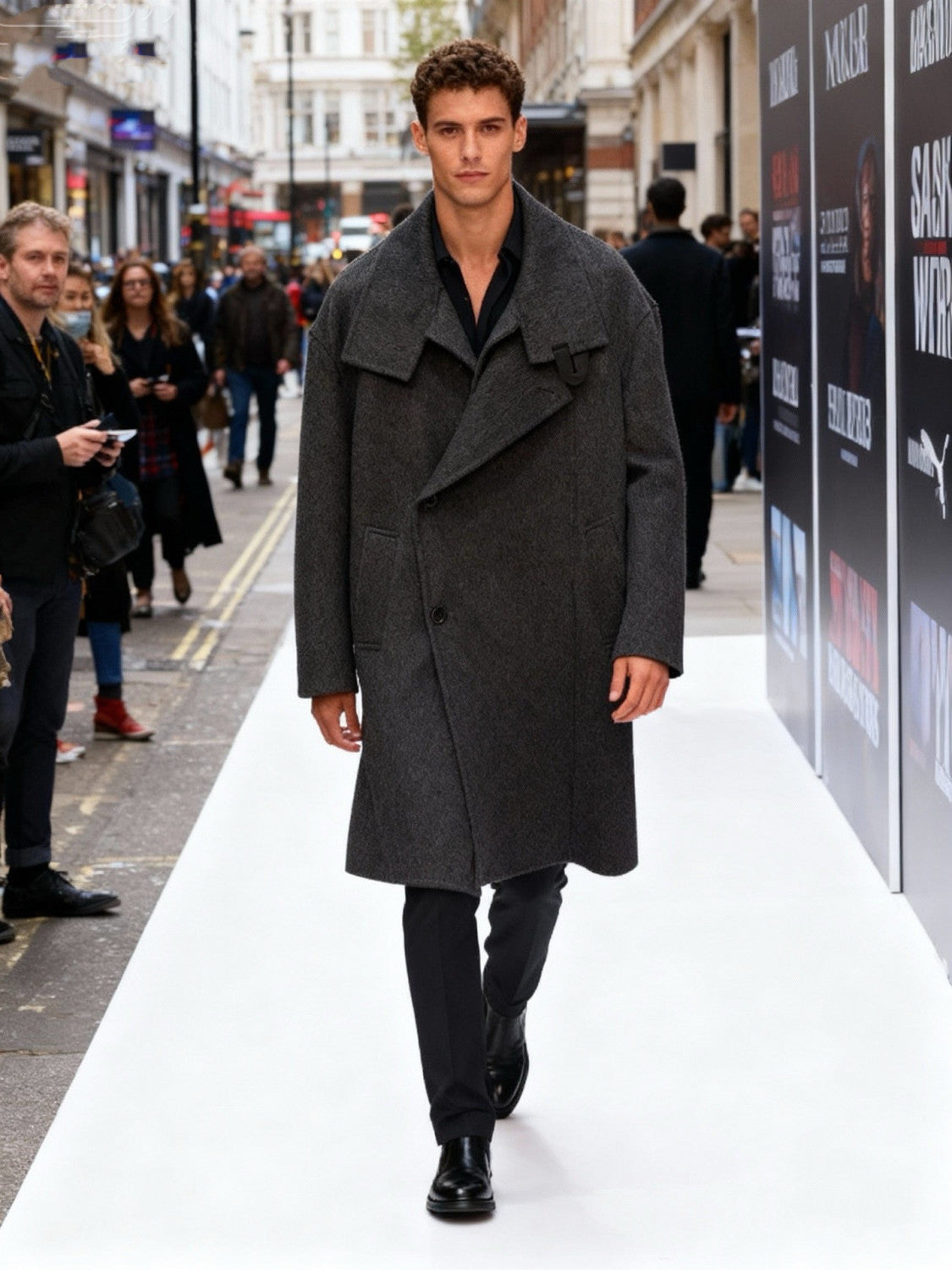 Hermes Men's Large Lapel Wool Slightly Wide Version Long Cashmere Coat #333099