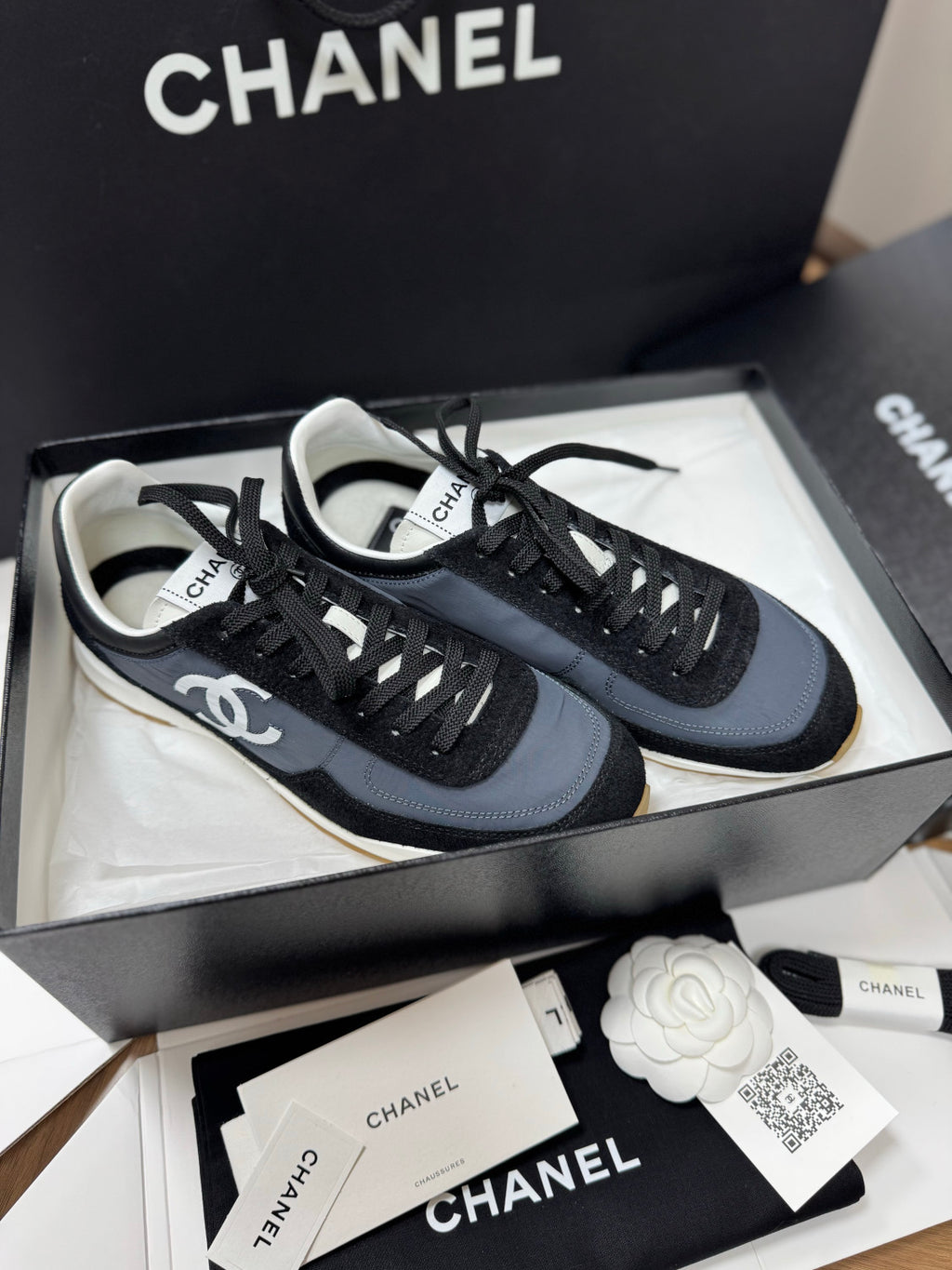 CHANEL Sneakers Calfskin Suede Calfskin White Black #381216