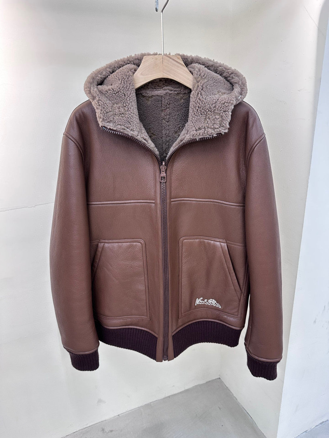 Louis Vuitton Men's Winter Leather Reversible Shearling Hooded Blouson Jacket #97136