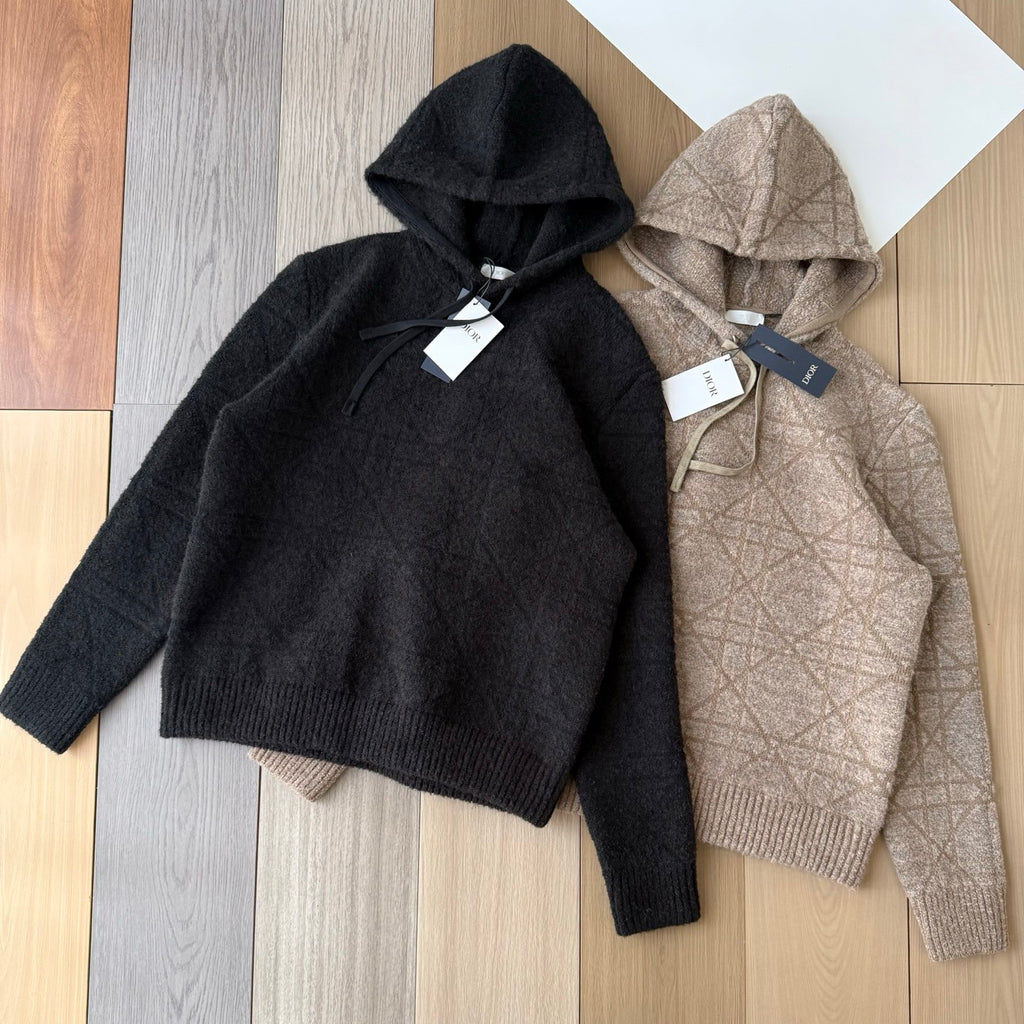 DIOR Cannage Hooded Sweatshirt Beige Cotton and Wool Blend Knit#336735