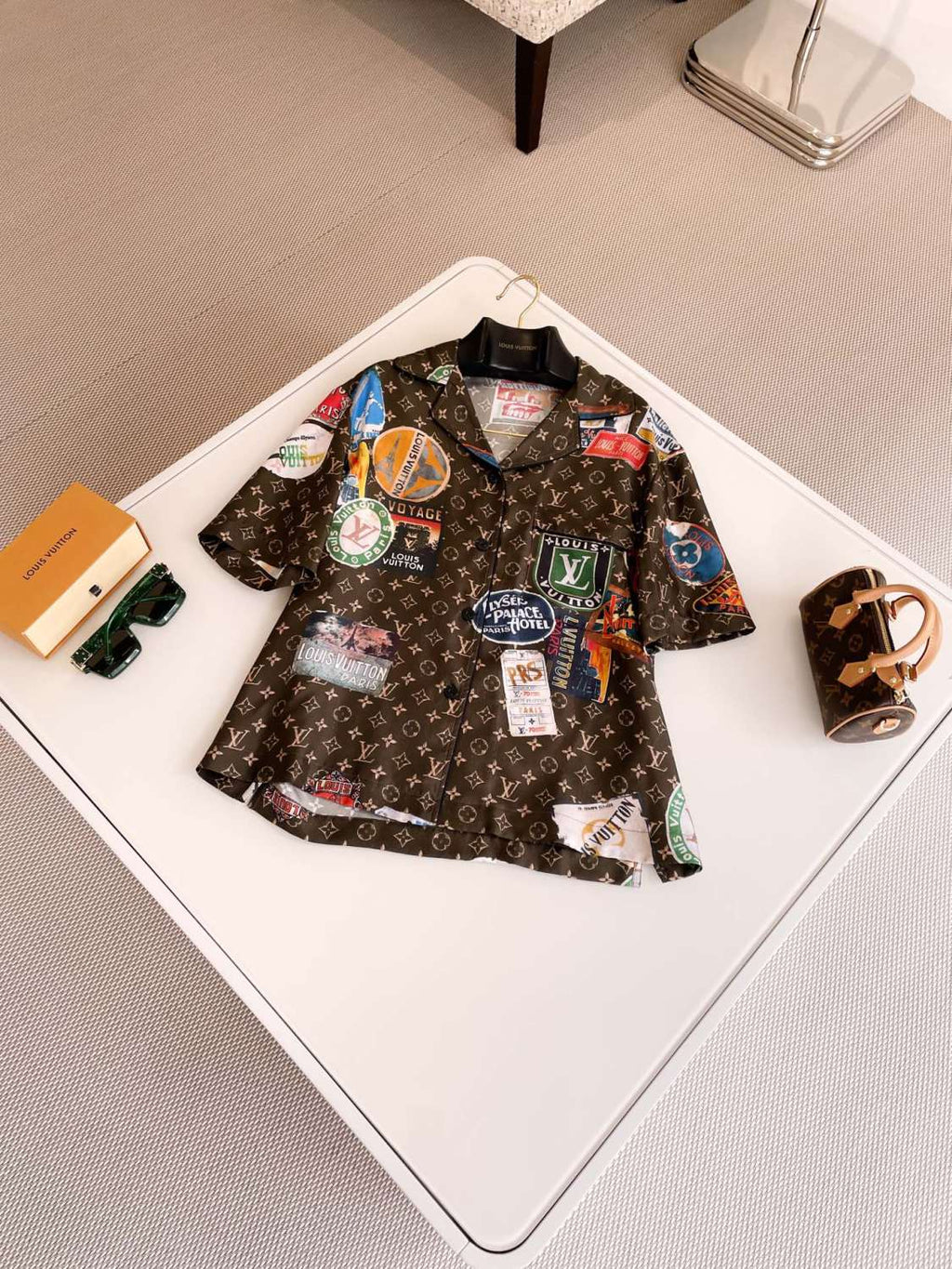 Louis Vuitton Women's Summer Monogram Printed Lapel Silk Single Breasted Short Sleeve Shirt #99775