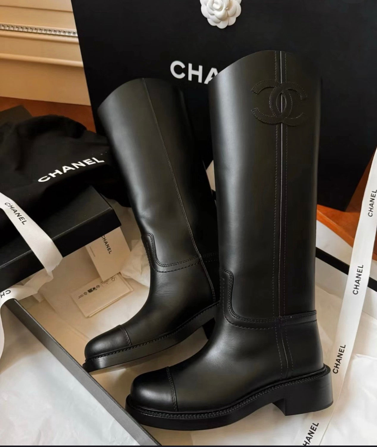 Chanel Women's Autumn/winter Classic Fashion Solid Color Leather Round Toe Long Boots High Boots Shoes #78373