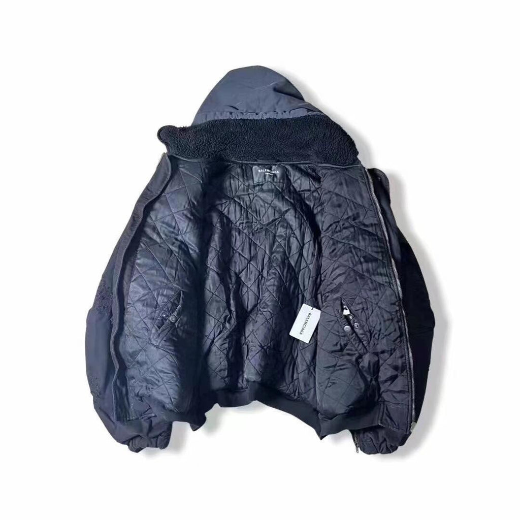 Balenciaga Men's Big Destruction Distressed Flight Suit Hooded Lamb collar zippered jacket #332593
