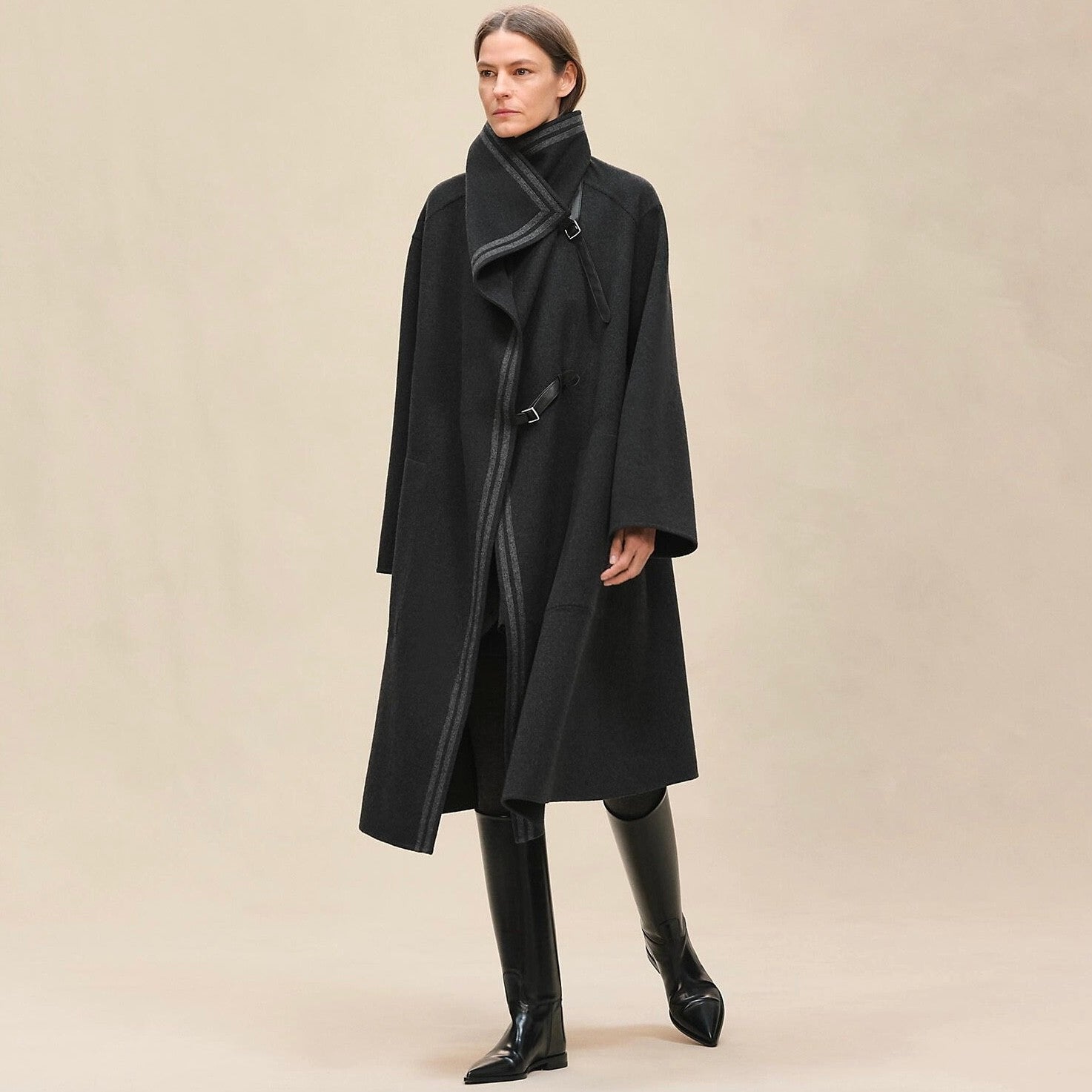 Hermes Men's And Women's Reversible Double-Faced Wool-Cashmere Blend Stand Collar Long Coat Jacket Ngvp #2578