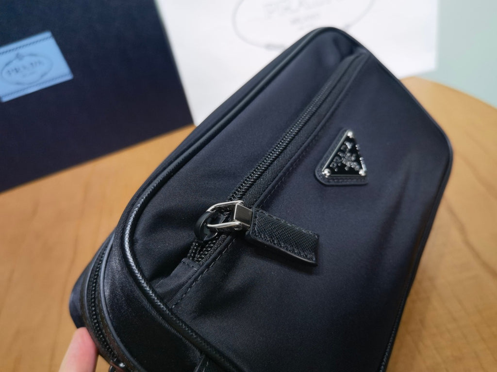 PRADA New Regenerated Nylon Enameled Triangle Logo Saffiano Leather Travel Storage Bag Toiletry Bag #332316