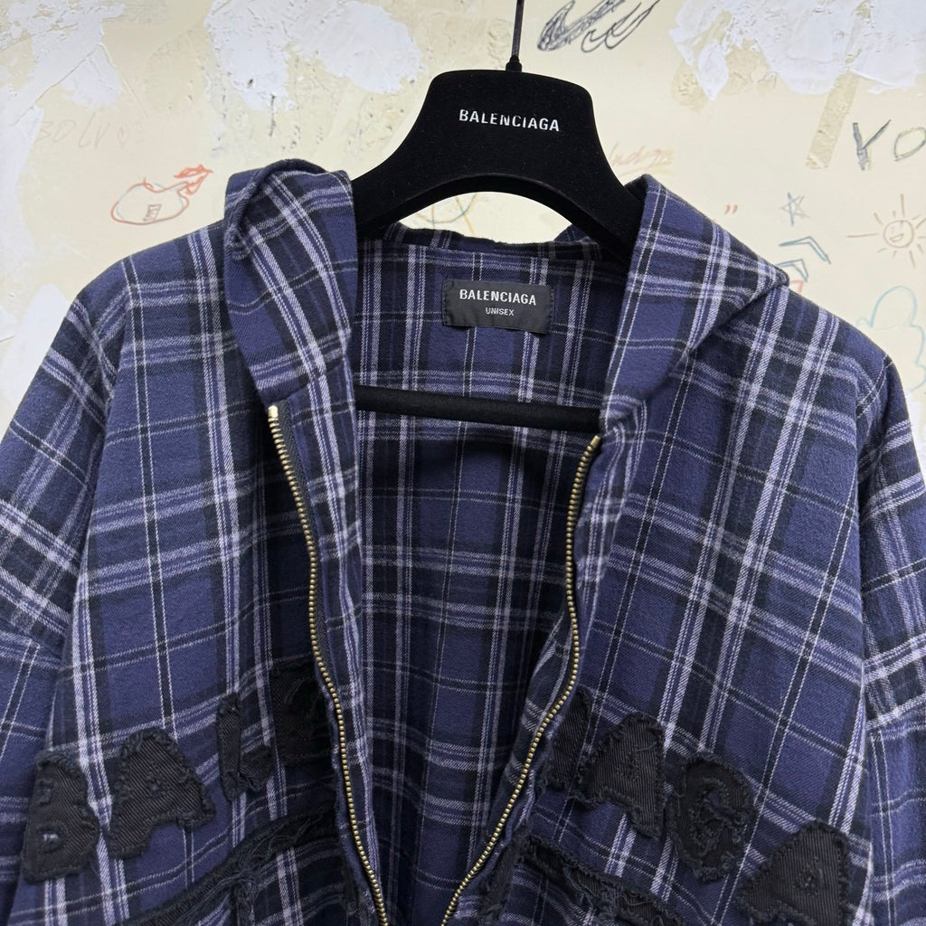Balenciaga Men's And Women's Spring And Fall Embroidered Letter Print Purple Checkered Hooded Zipper Long Sleeve Jacket Pants Suit Set #76546