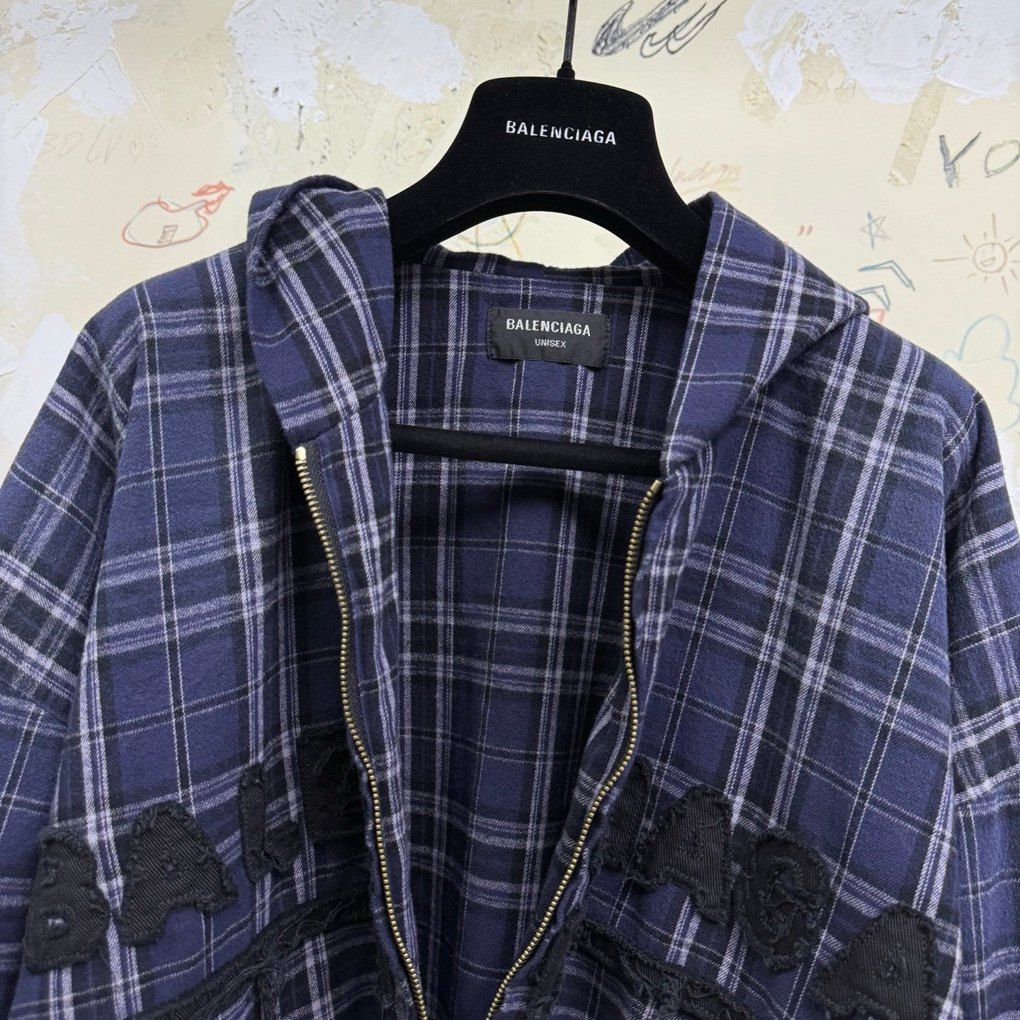 Balenciaga Men's And Women's Spring And Fall Embroidered Letter Print Purple Checkered Hooded Zipper Long Sleeve Jacket Pants Suit Set #76546