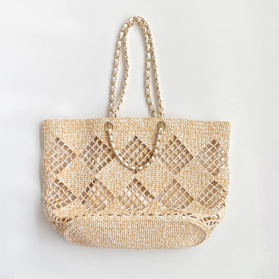 Chanel Women's CoCo Beach Collection Woven Shopper Solid Color Gold Buckle Logo Checkered Casual Tote Bag Bags AS4576-B15546-NW424 #81292