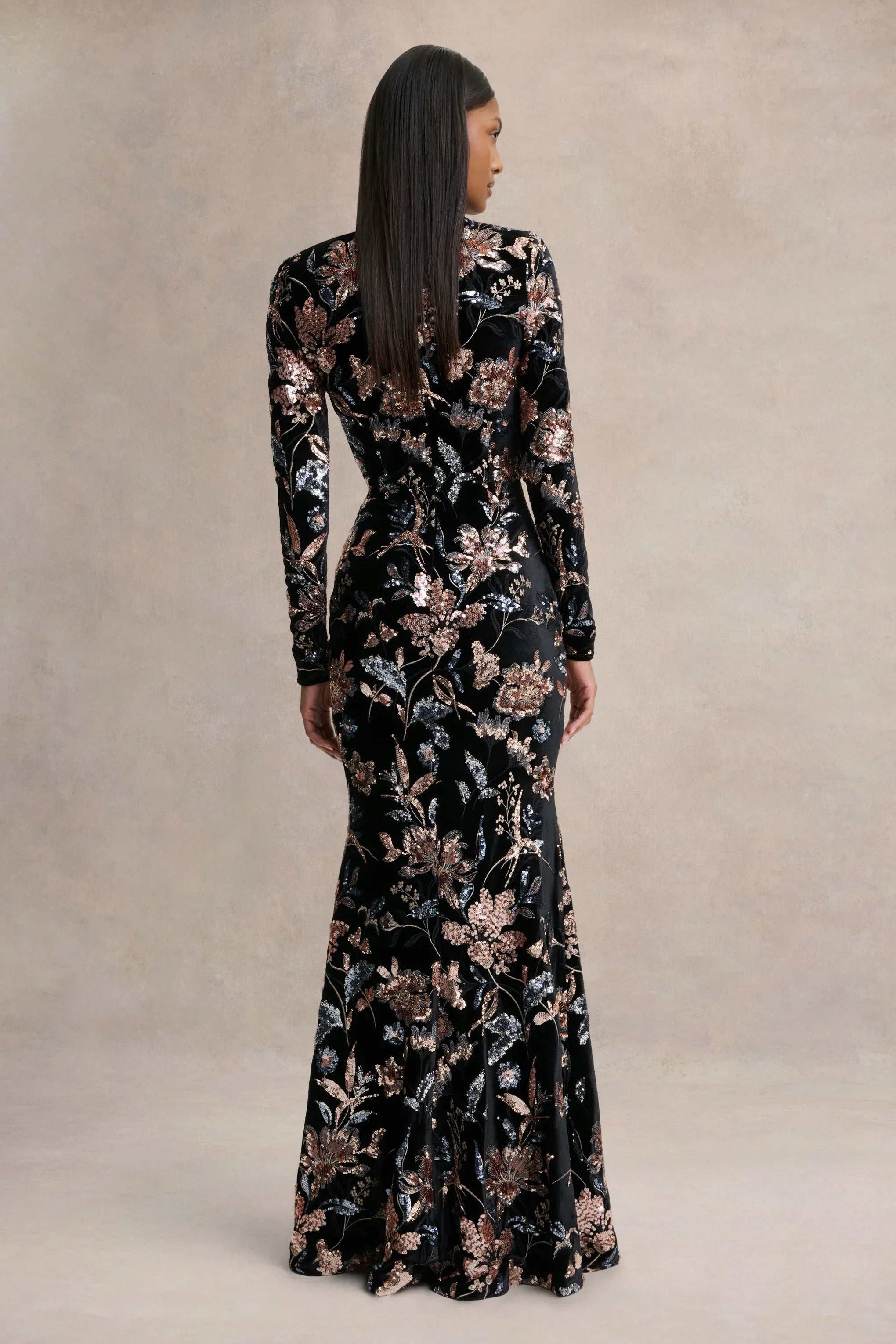 Lyric | Black Floral Velvet And Sequin Embellished Crew-Neck Maxi Dress