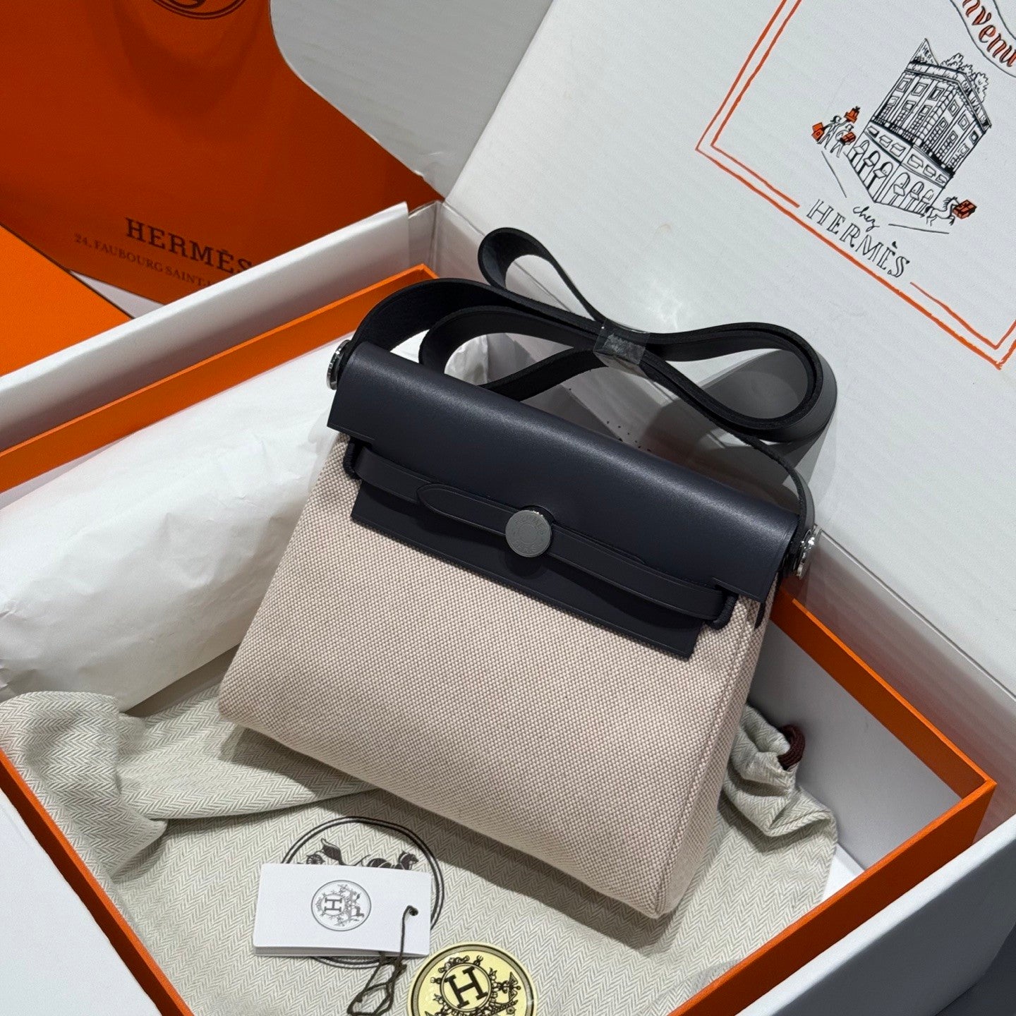 Hermes H -Mini Herbag Women's Color Blocking Metal Buckle Canvas and Cowhide Handbag Shoulder Satchel Bag Bags #76411