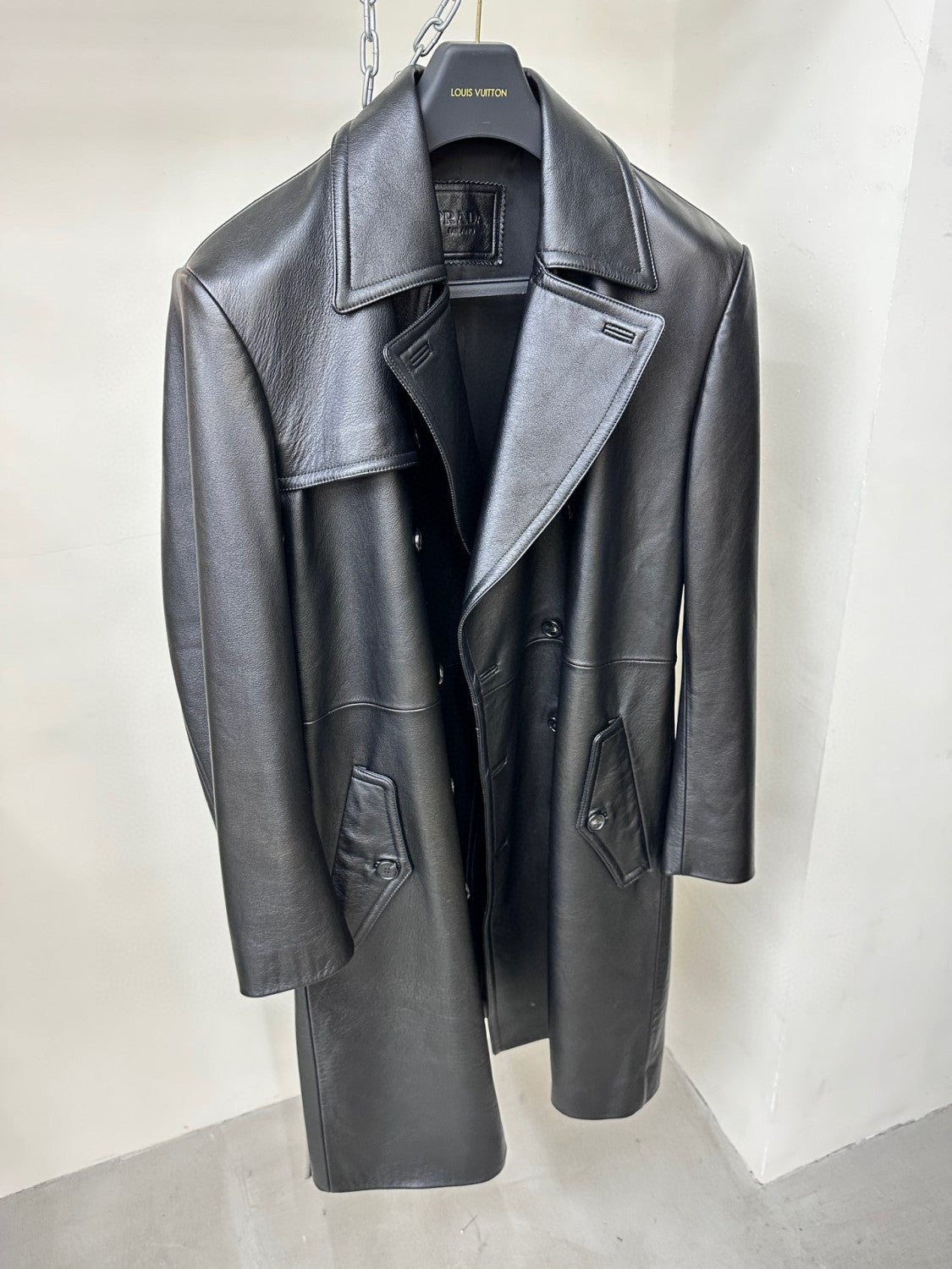 Prada Men's Winter Long Leather Belted Tie Coat Jacket #96928