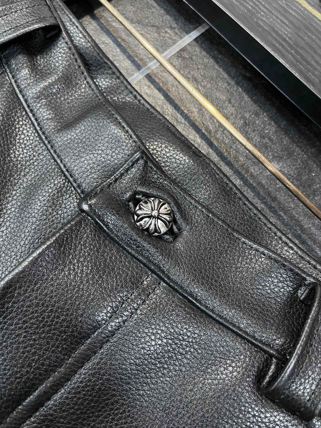 Chrome Hearts Men's And Women's Autumn/Winter Fashion Casual Pants With Dust Bag Plain Color Calfskin Leather Pants #78266