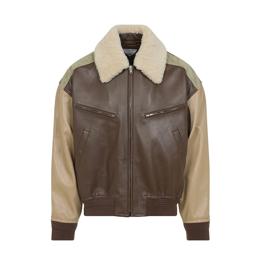 Bottega Veneta Men's Soft Leather Removable Lambswool Collar Spring And Autumn Color-Block Zipper Long-Sleeved Nappa Blouson Leather Jacket Ngvp #2126