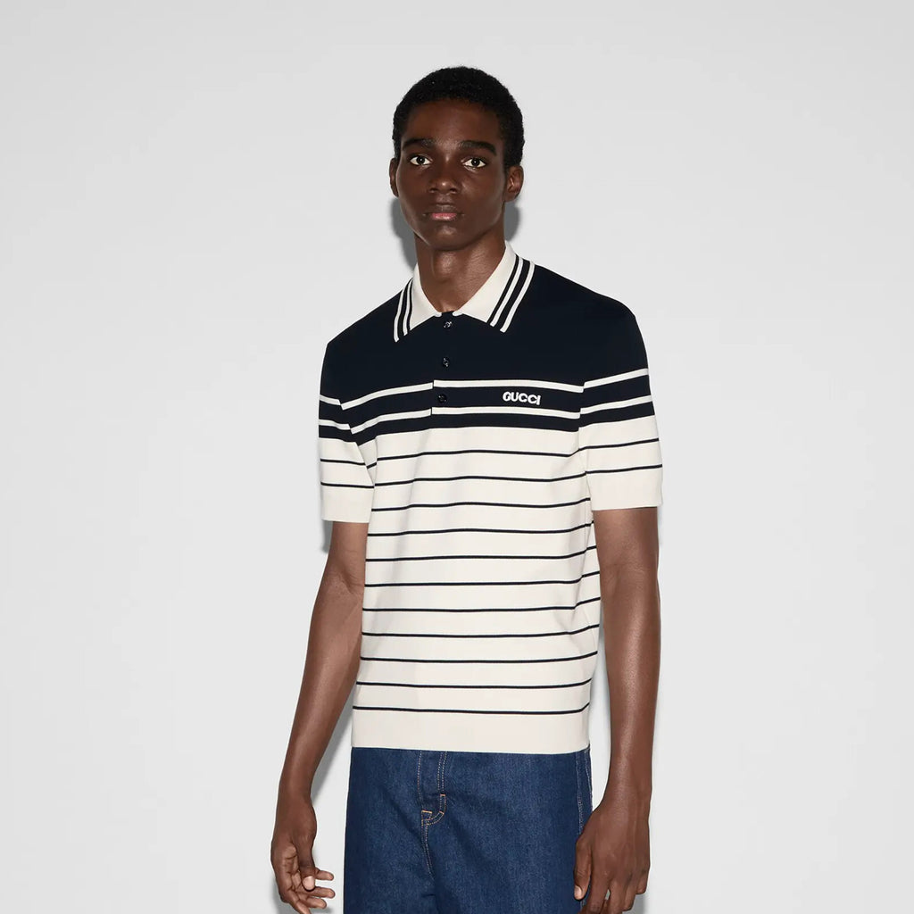 Gucci Men's Striped Logo Embroidered Summer Cotton Slim Fit Short Sleeve Polo Shirt #81176