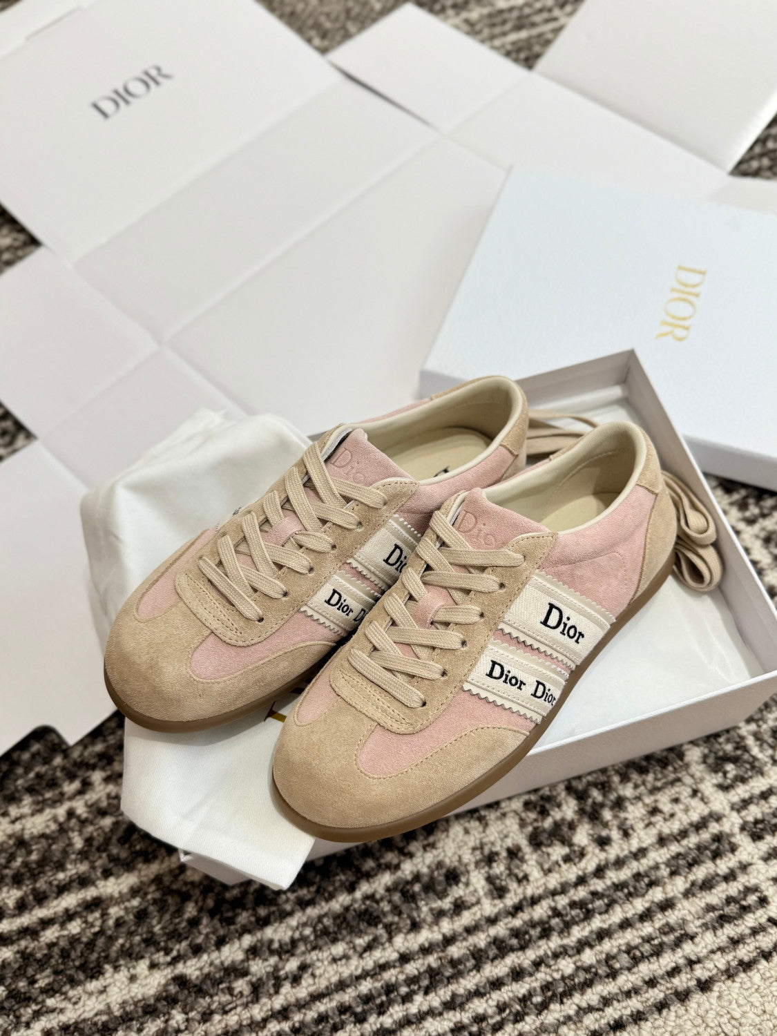 DIOR Dior Ribbon Sneaker Pink and Beige Suede Calfskin #381517