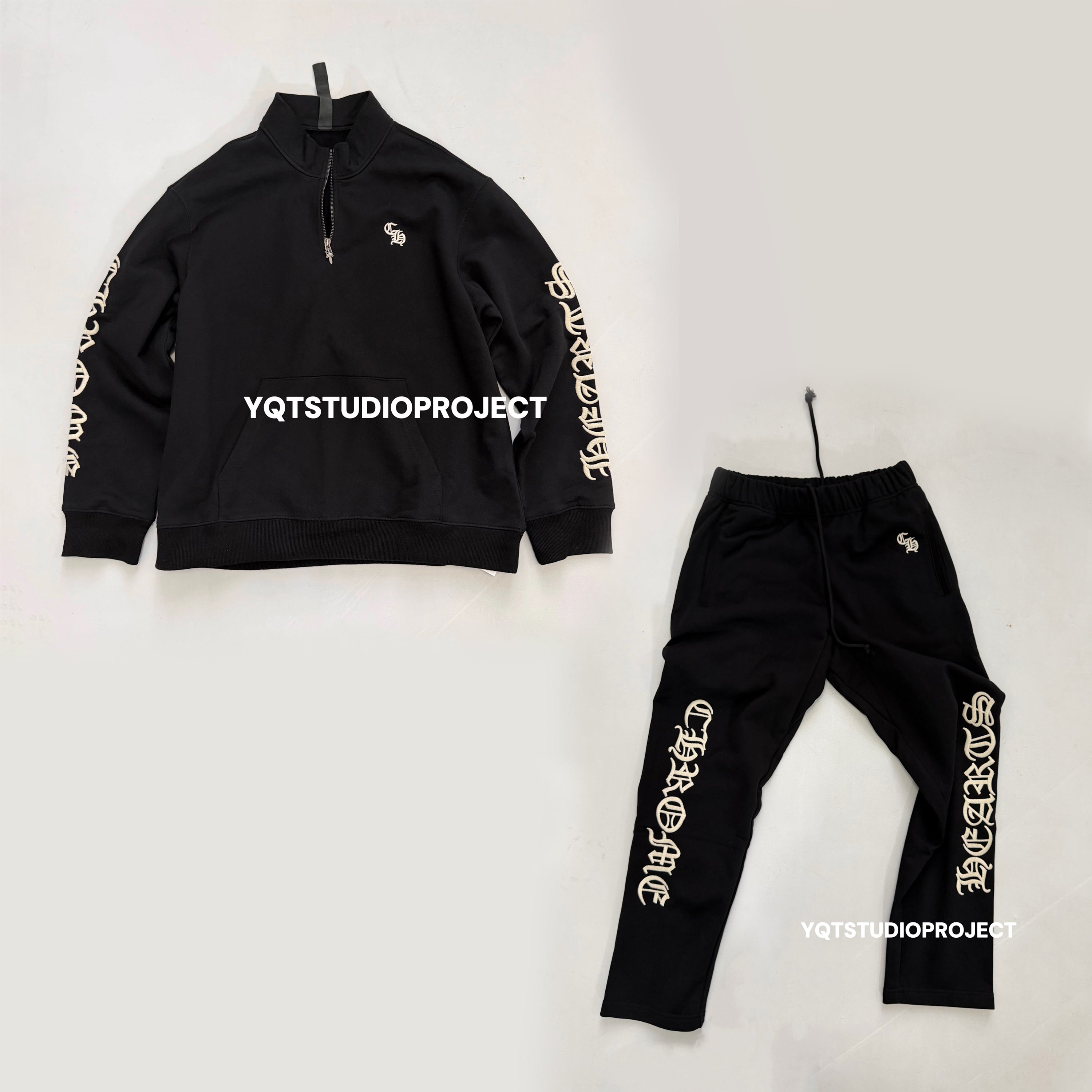 Chrome Hearts Men's And Women's Spring/Fall Fashion Casual Solid Color Collared Half-Zip Sweatshirt Solid Color Relaxed Wide Leg Pants Suit Set #79526