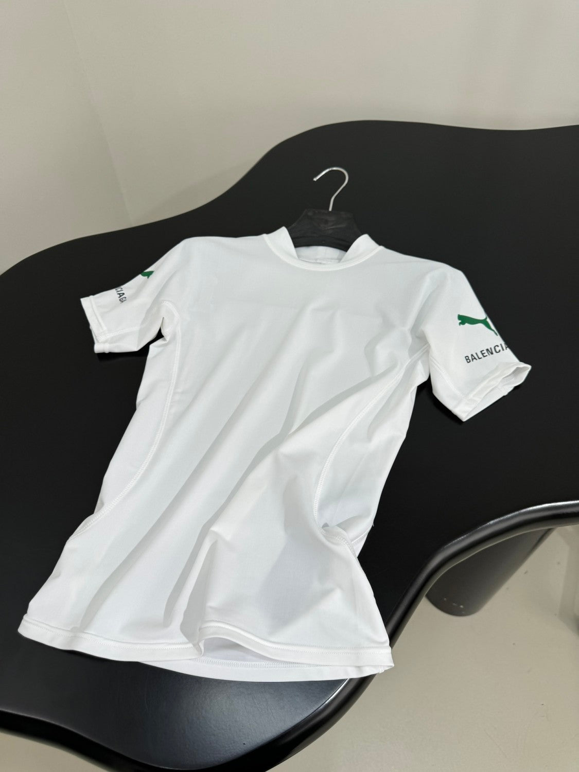 Balenciaga x PUMA Women's and Men's CAT Print White Technical Stretch Fabric Fitted T-shirt #333096