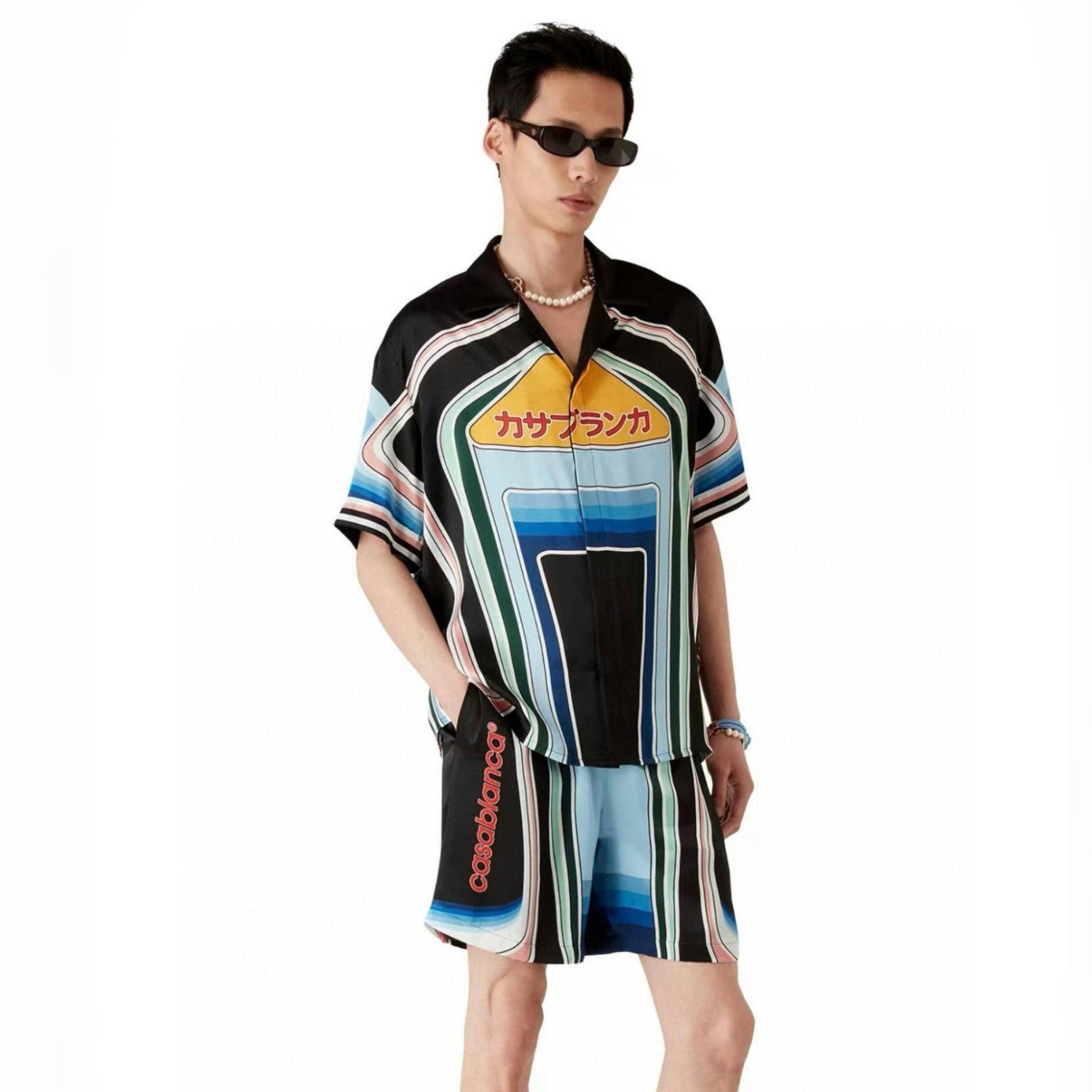 Casablanca Men's Summer Fashion Casual Crew Neck Geometric Mountain Pattern Silk Short-Sleeve T-Shirt Elastic Drawstring Mountain Pattern Silk Shorts Suit Set #78591