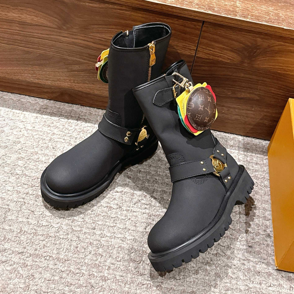 Louis Vuitton x Timberland Men's & Women's Fall/Winter Fashion Hamburger Bag Detail Leather Lined Sheepskin Solid Color Flat Zipper Casual Mid-Calf Motorcycle Boots Shoes Ngvp #2534