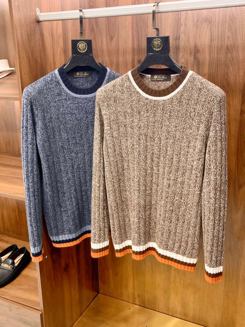 Loro Piana Men's Spring & Autumn Fashion Stripe Color Blocking Long Sleeve Knit Sweater Fit Cashmere Crew Neck Sweater Ngvp #9475
