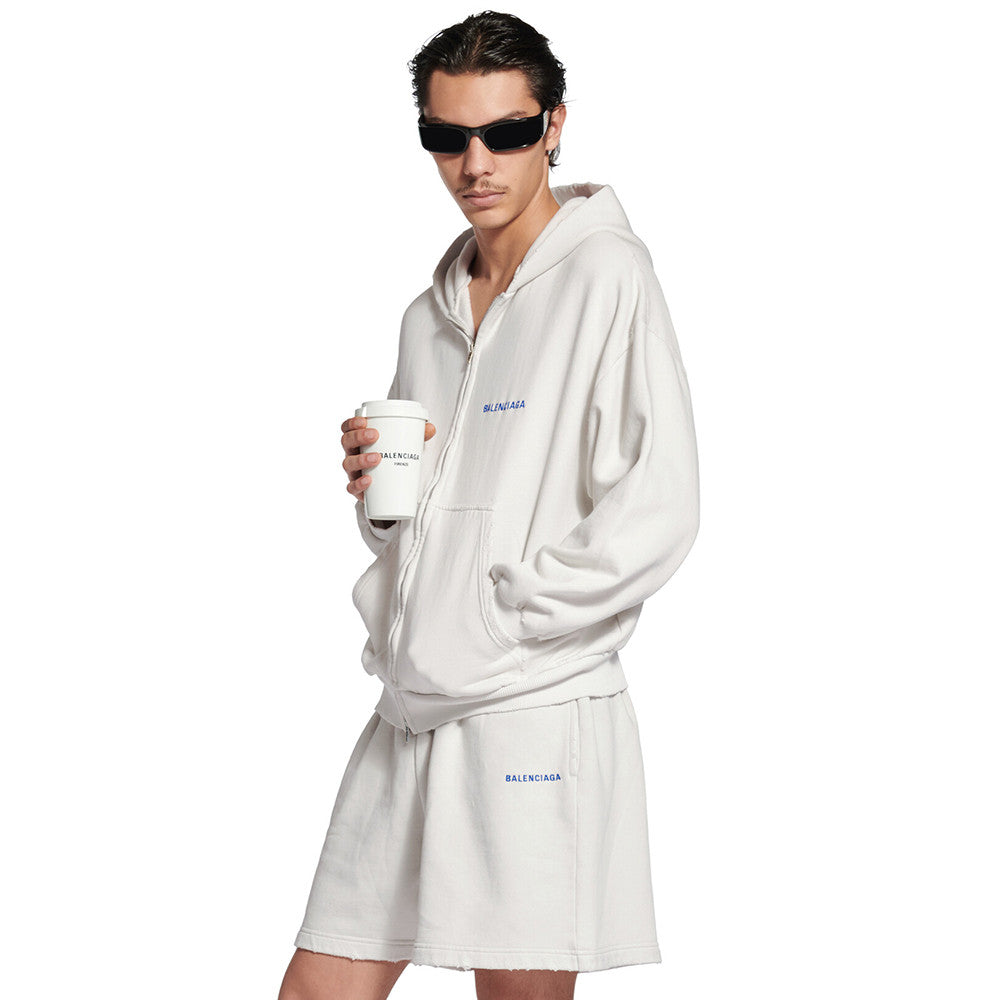 Balenciaga 25FW New Letters Embroidered Logo Hooded Zipper Jacket Cotton Terry Fabric Loose Short Design Simple Embroidery Logo Finished Washing Old destruction Process #332365
