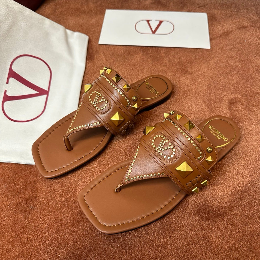 Valentino Women's Summer Solid Color Leather Studded Flat Toe Thong Sandals Slippers Shoes #76982