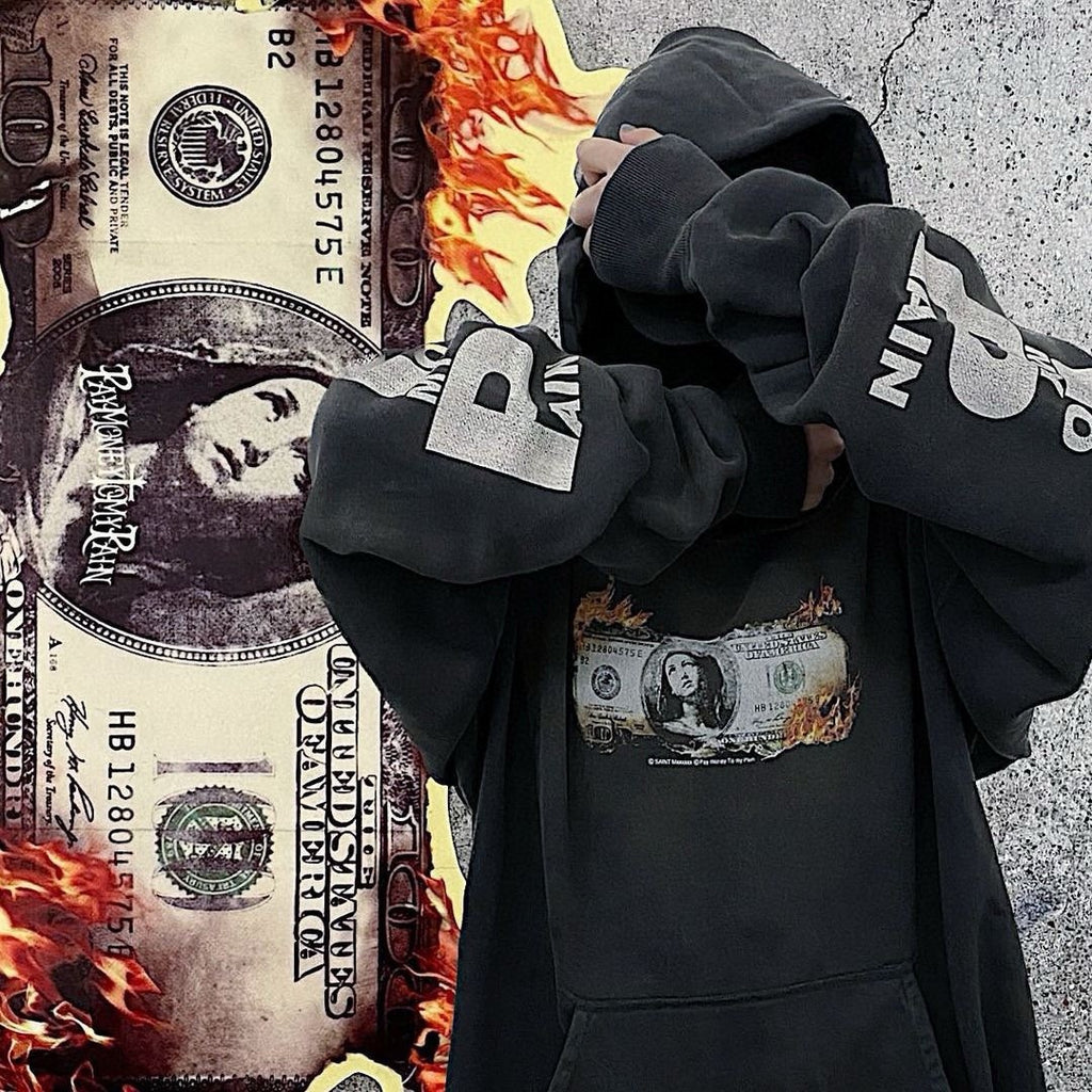 Saint Michael x Pay Money To My Pain Men's Women's Spring And Autumn Cotton Patterned Printed Long Sleeve Fitted Black Hooded Sweatshirt Ngvp #9353