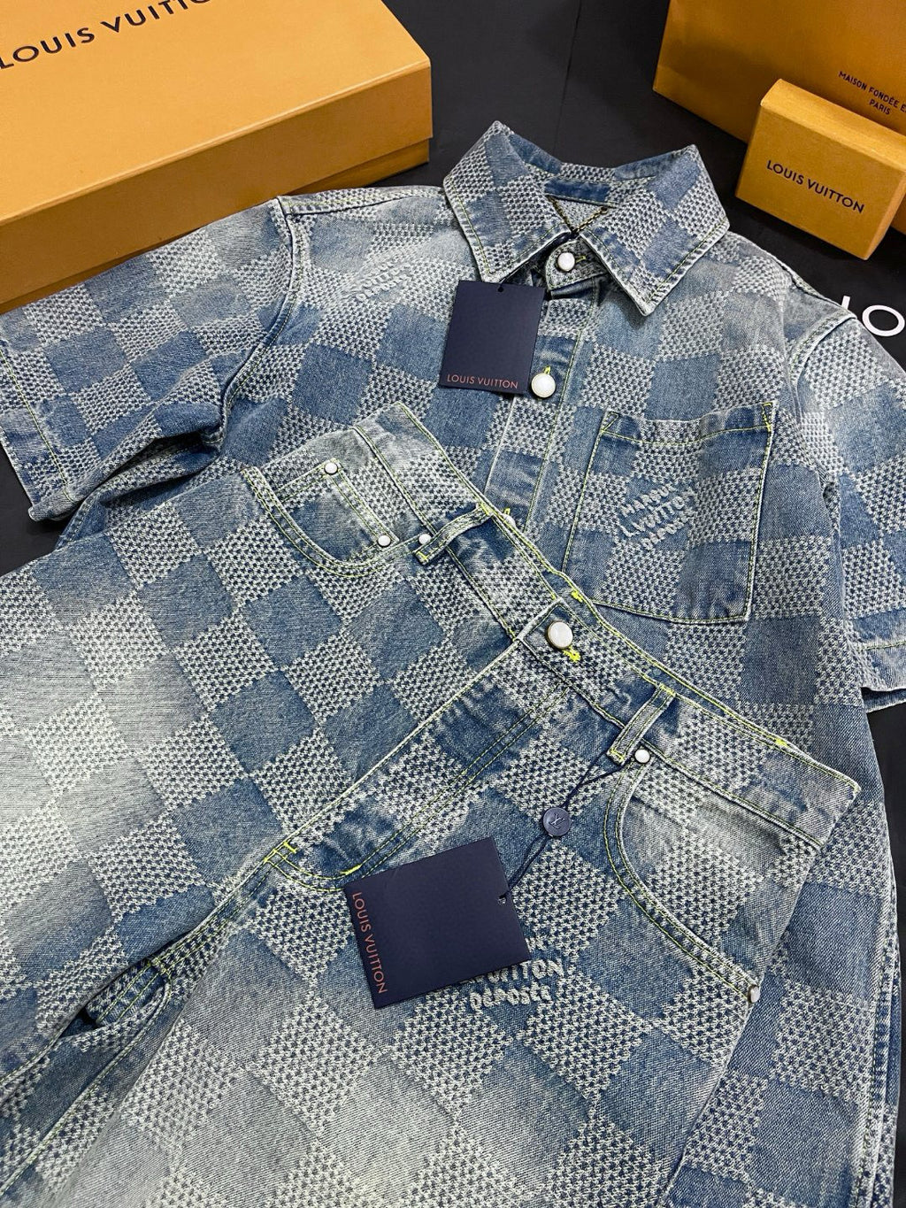 Louis Vuitton Men's Summer Blue Logo Printed Lapel Single Breasted Denim Short Sleeve Shirt Straight Jeans Shorts Set Suit #76984