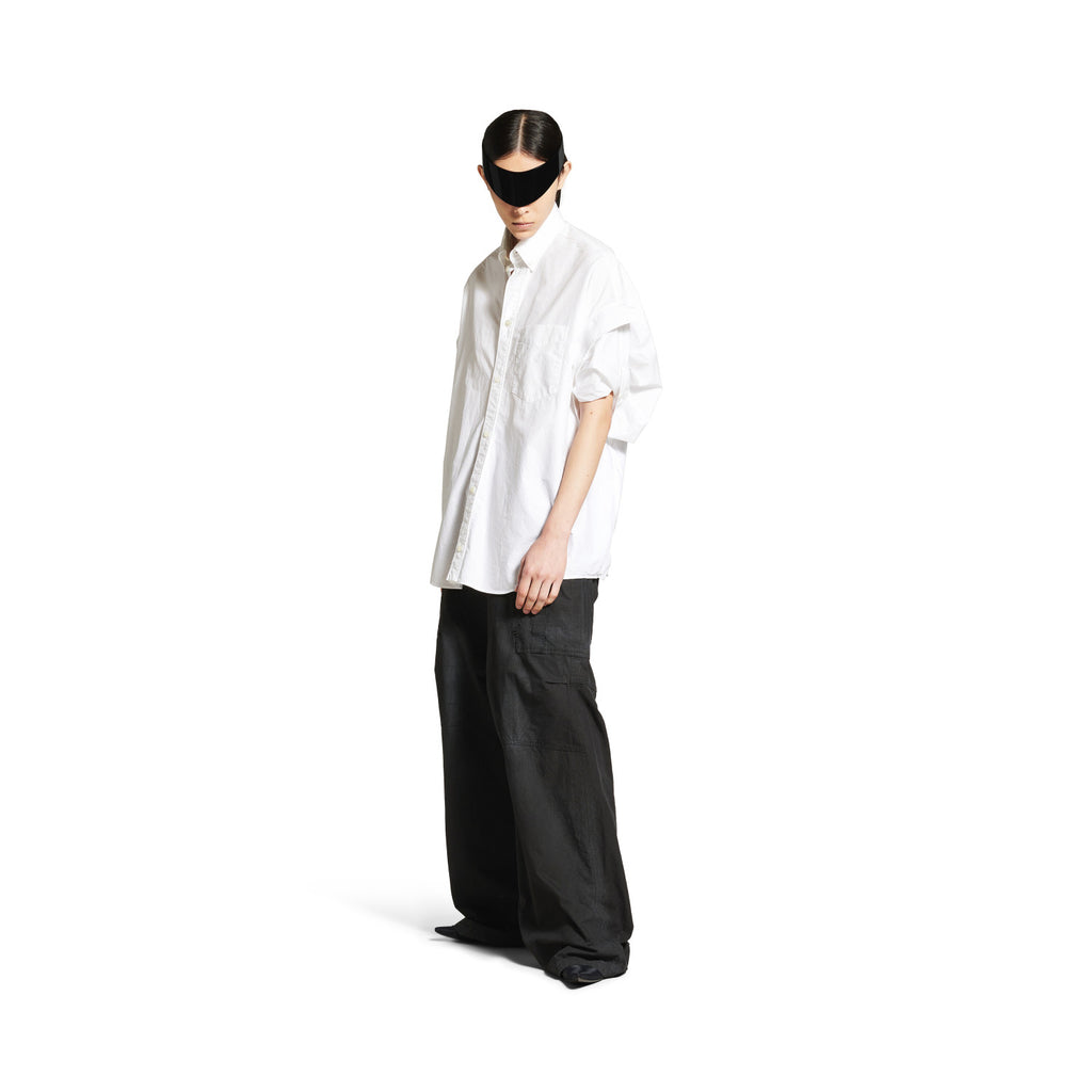 Balenciaga Men's Women's Spring Summer Autumn Lapel Fit White Cotton Poplin Round Hem Folded Sleeve Shirt Ngvp #1399