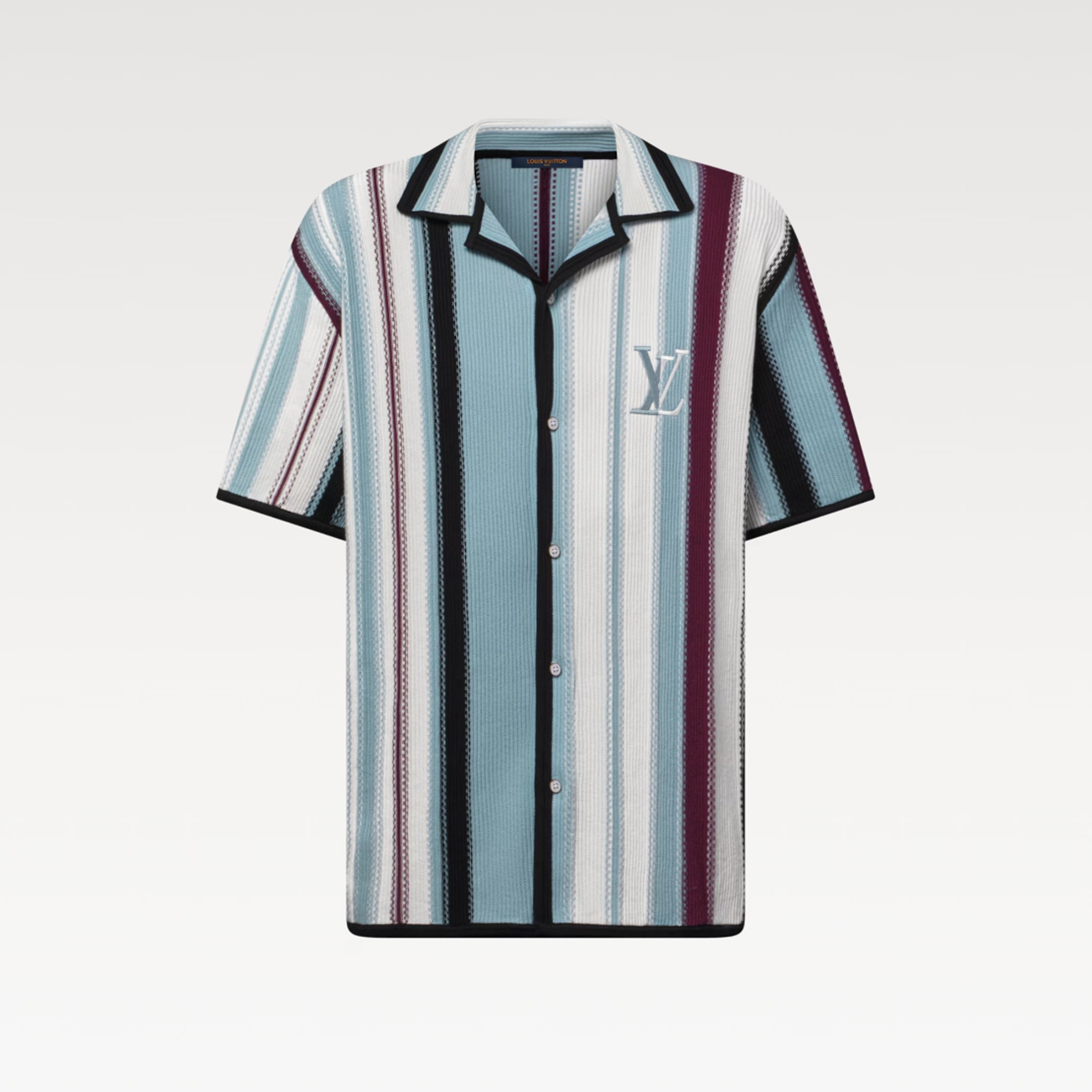 Louis Vuitton Men's Summer Embroidered Logo Stripe Crochet Single Breasted Short Sleeve Shirt Casual Lace Up Shorts Suit Set #81258
