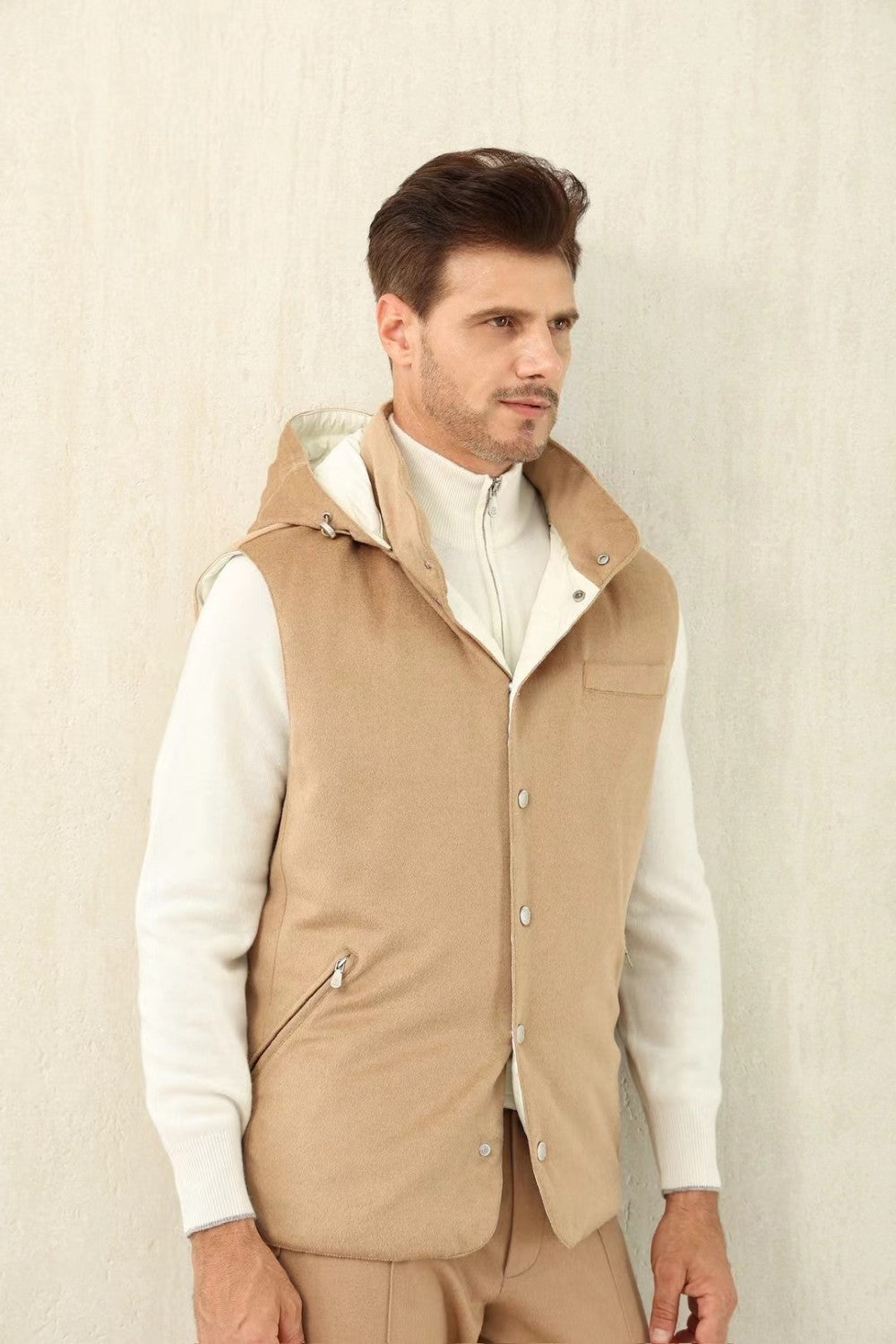 Brunello Cucinelli Men's Spring/Autumn Detachable Hooded Solid Color Single-Breasted Bonded Wool Flannel Down Vest Ngvp #2293