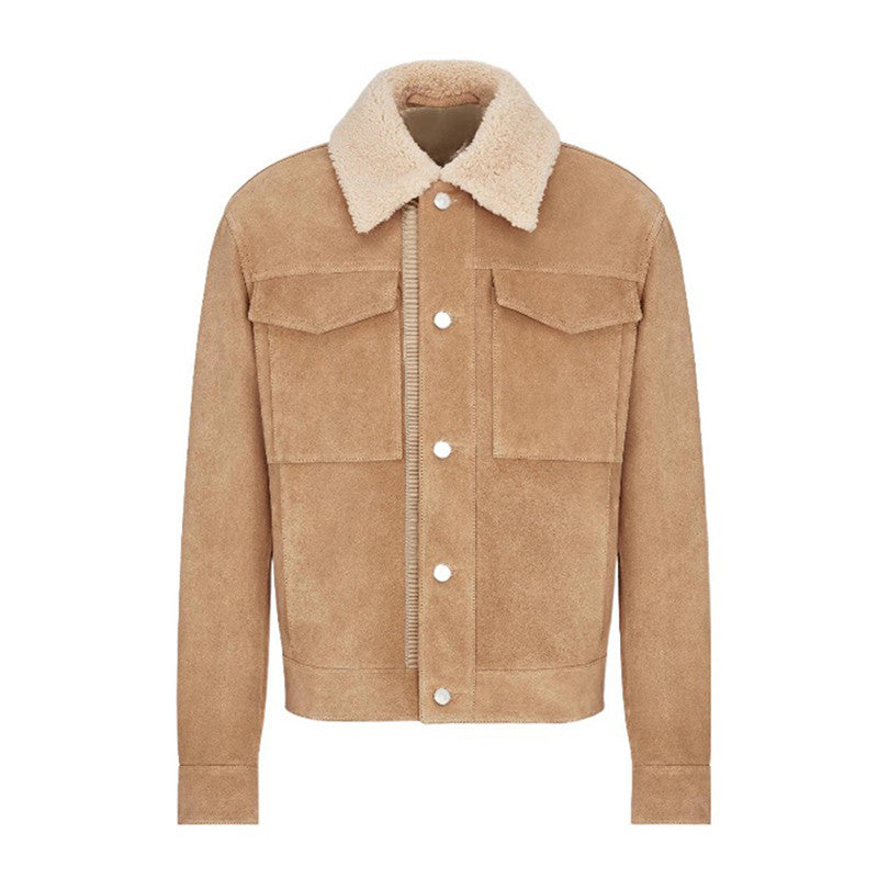 Dior Men's Autumn And Winter Solid Color Lapel Casual Single Breasted Cow Suede Lamb Collar Short Jacket #71272